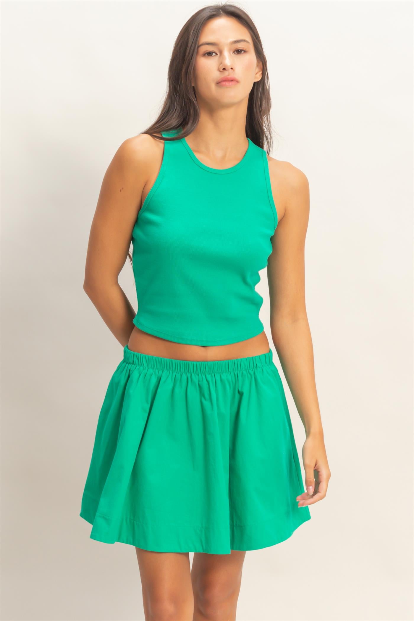 Wholesale Sleeveless Ribbed Top And Skirt Set Clothing DZ26C346-SET GREEN DOUBLE ZERO