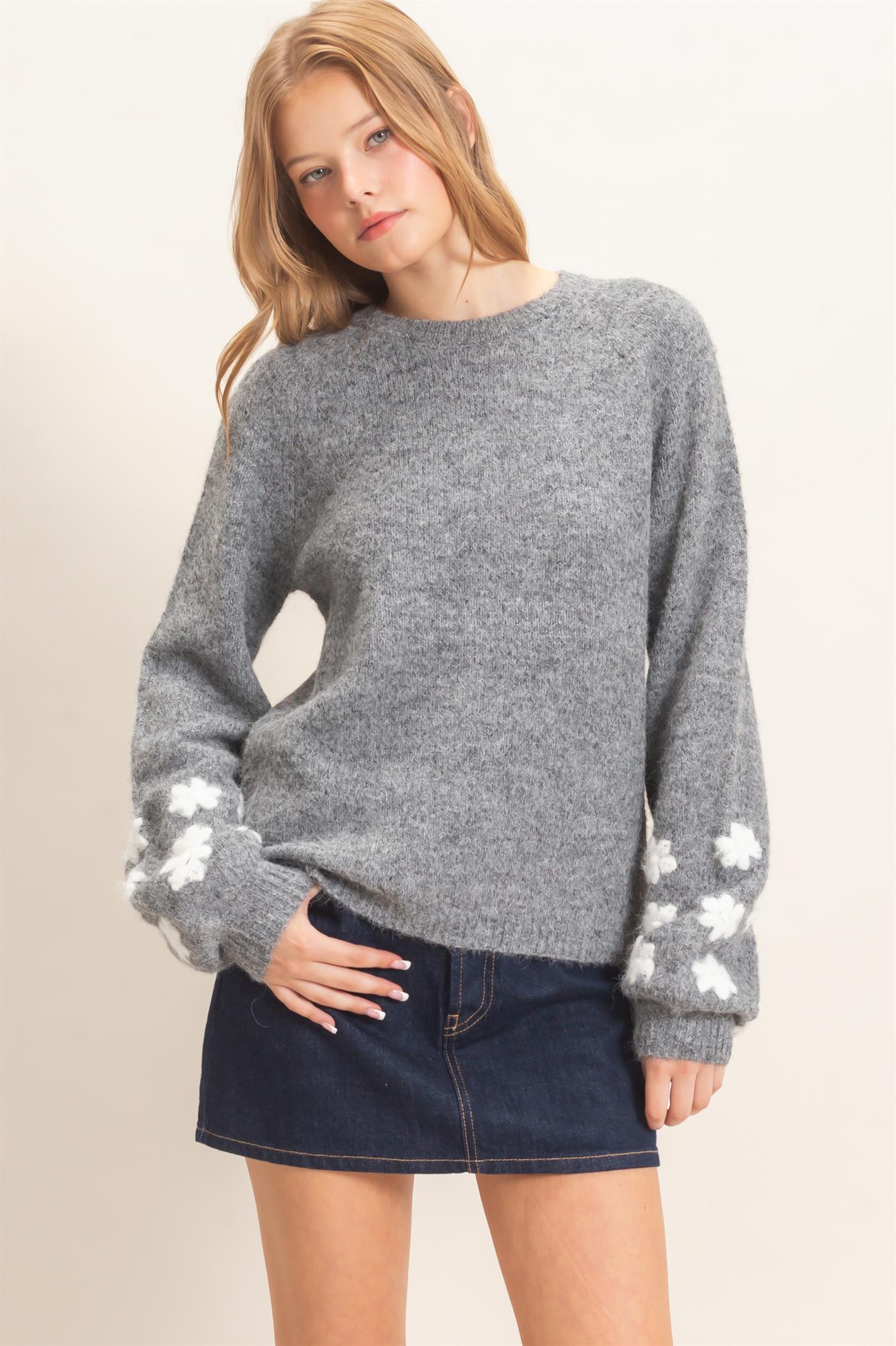 Wholesale Floral Applique Raglan Sleeve Sweater Sweaters HF26E808 GRAY HYFVE