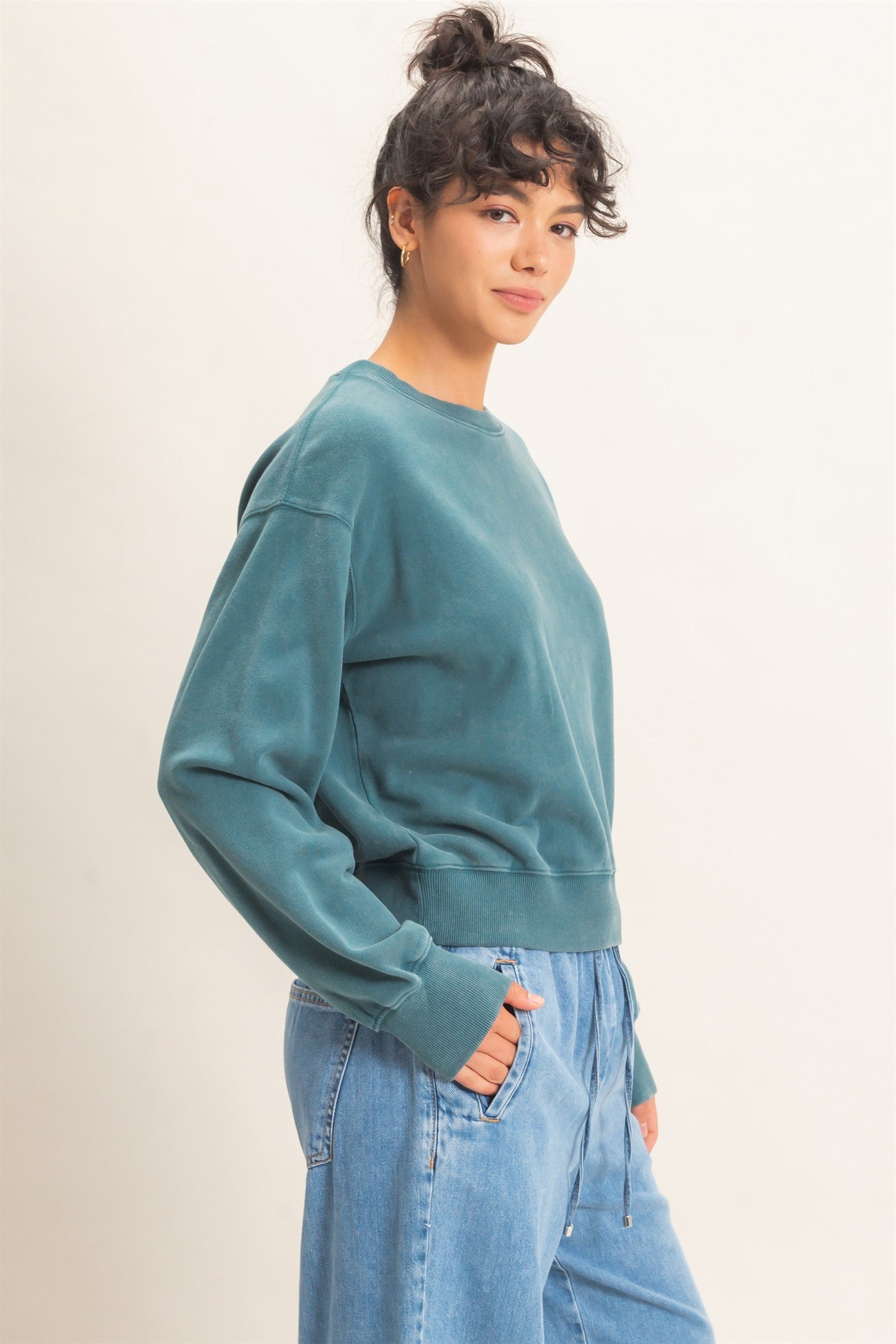 Wholesale Acid Wash Crew Neck Sweatshirt Sweatshirts DZ26E082 DARK TEAL DOUBLE ZERO