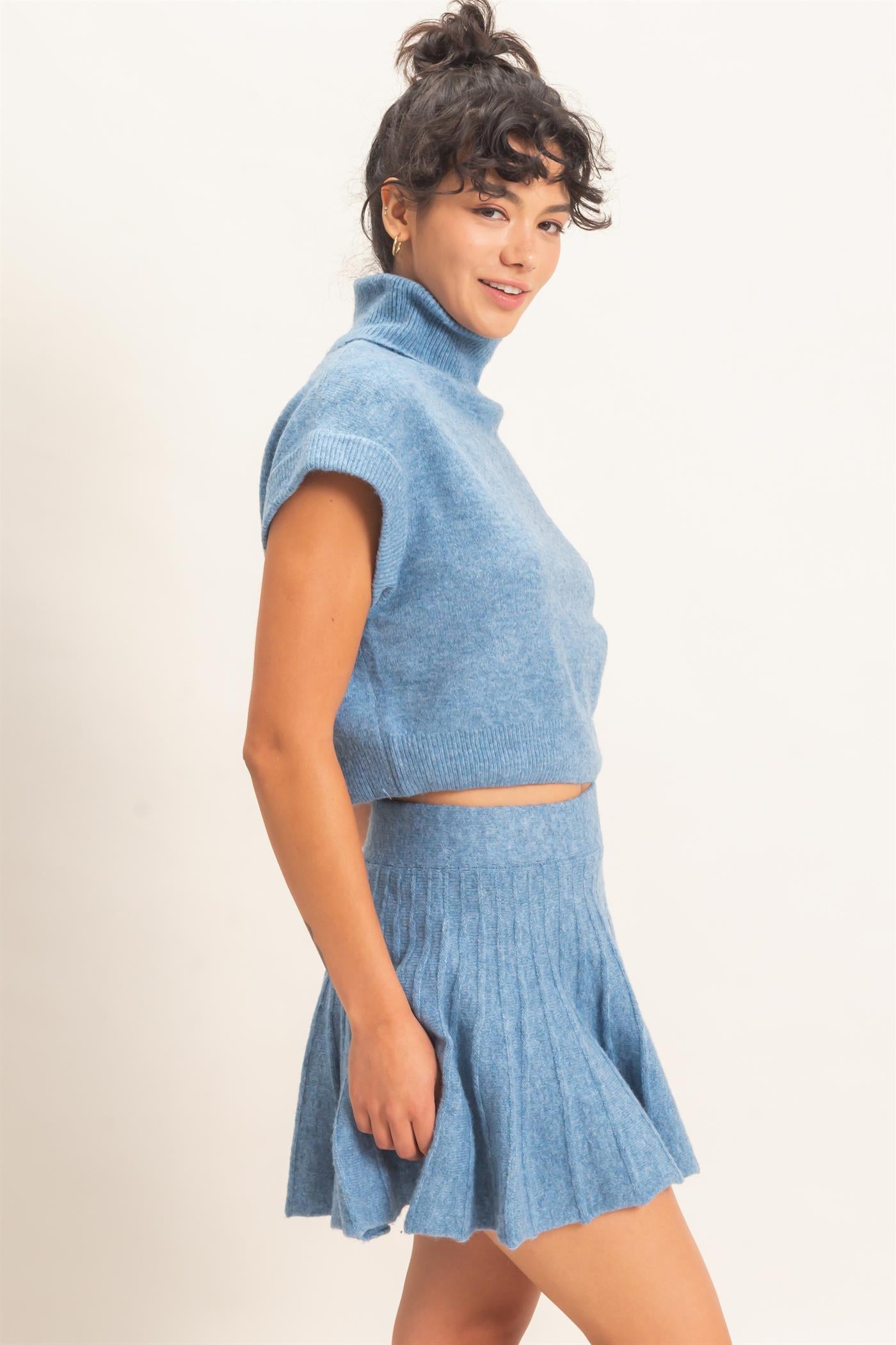 Wholesale Turtleneck Crop Top And Pleated Skirt Set Clothing DZ26C981-SET DUSTY BLUE DOUBLE ZERO