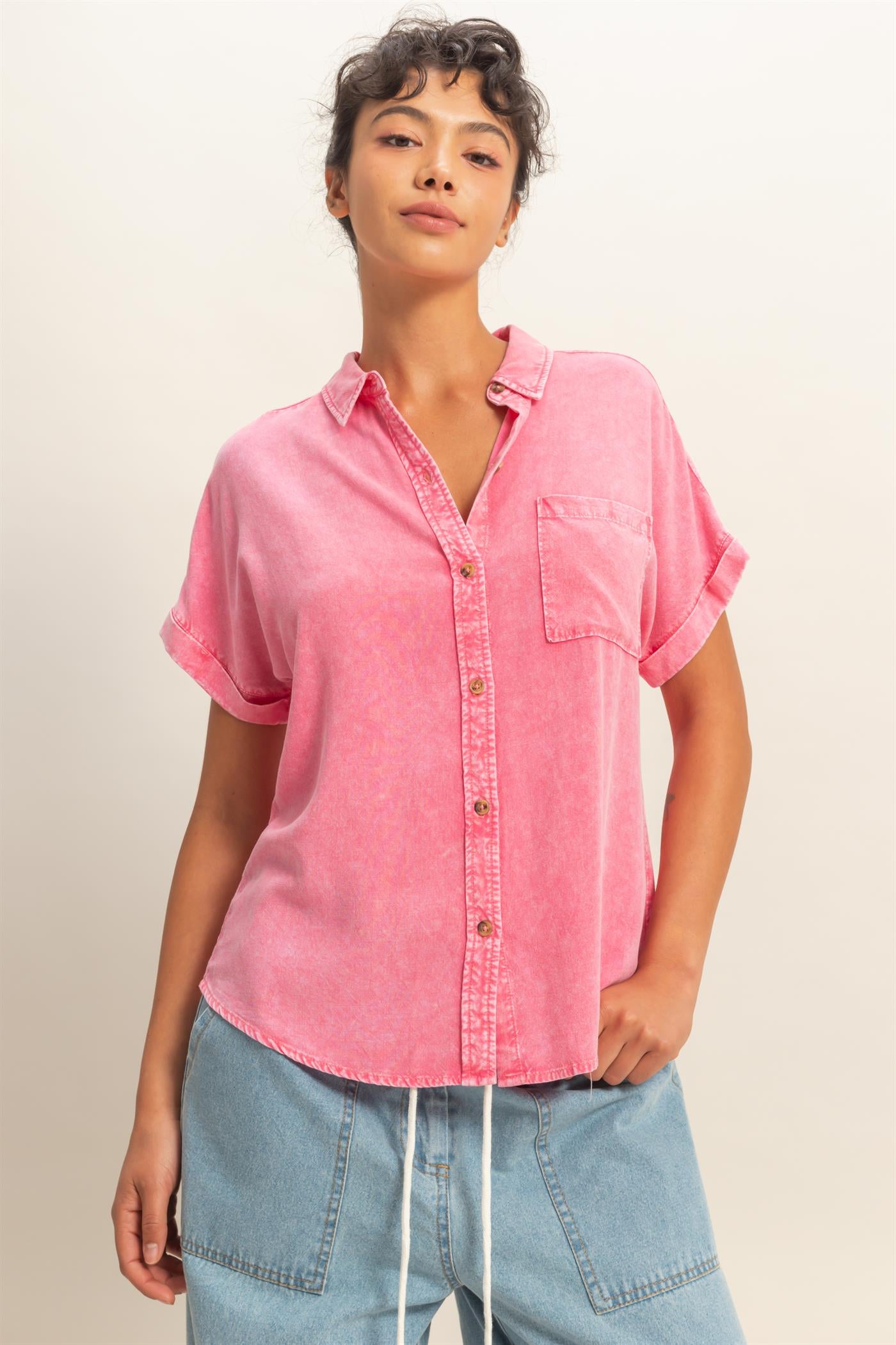 Wholesale Mineral Wash Button-Up Dolman Sleeve Shirt Shirts DZ26C132 TAFFY PINK DOUBLE ZERO