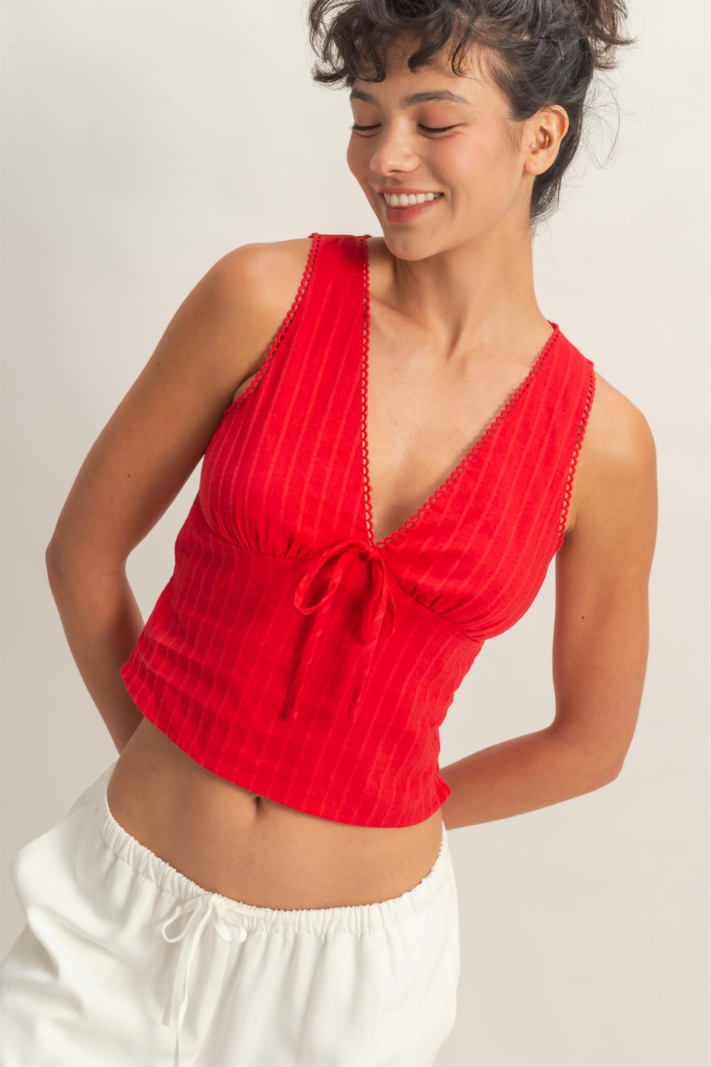 Wholesale Sleeveless Scallop Trim V-Neck Tie-Back Top Clothing Tops DZ26C185 RED DOUBLE ZERO