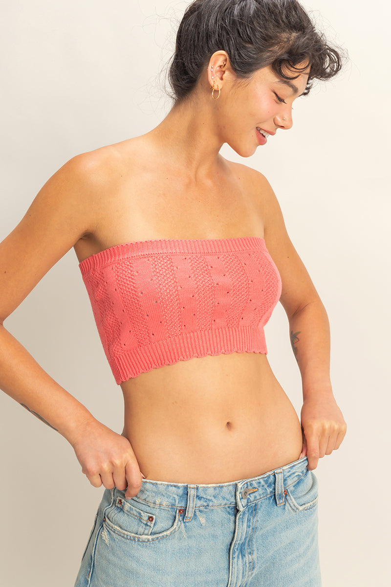 Wholesale Strapless Pointelle Crop Top Clothing Tops DZ23A821 CORAL DOUBLE ZERO