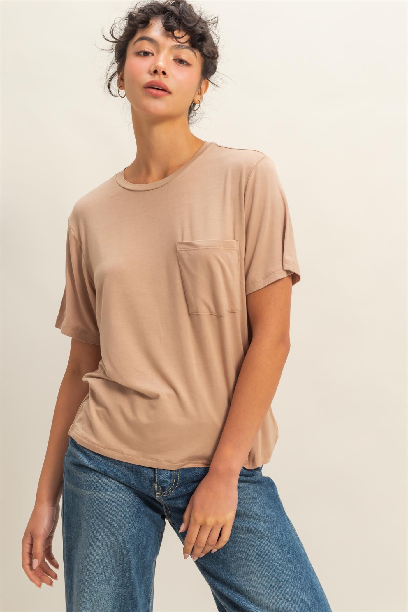 Wholesale Classic Crew Neck Short Sleeve Pocket Top T-Shirts DZ25C922 DARK TAUPE DOUBLE ZERO