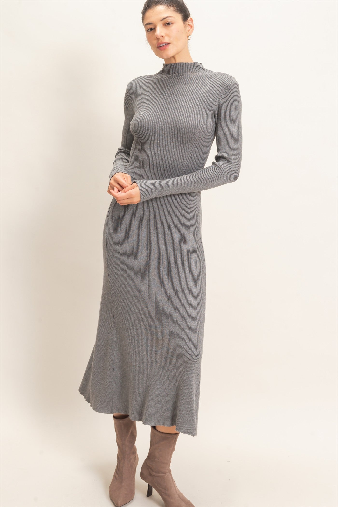 Wholesale Ribbed Mock Neck Long Sleeve Midi Dress Dresses HF26F156-D H.GRAY HYFVE