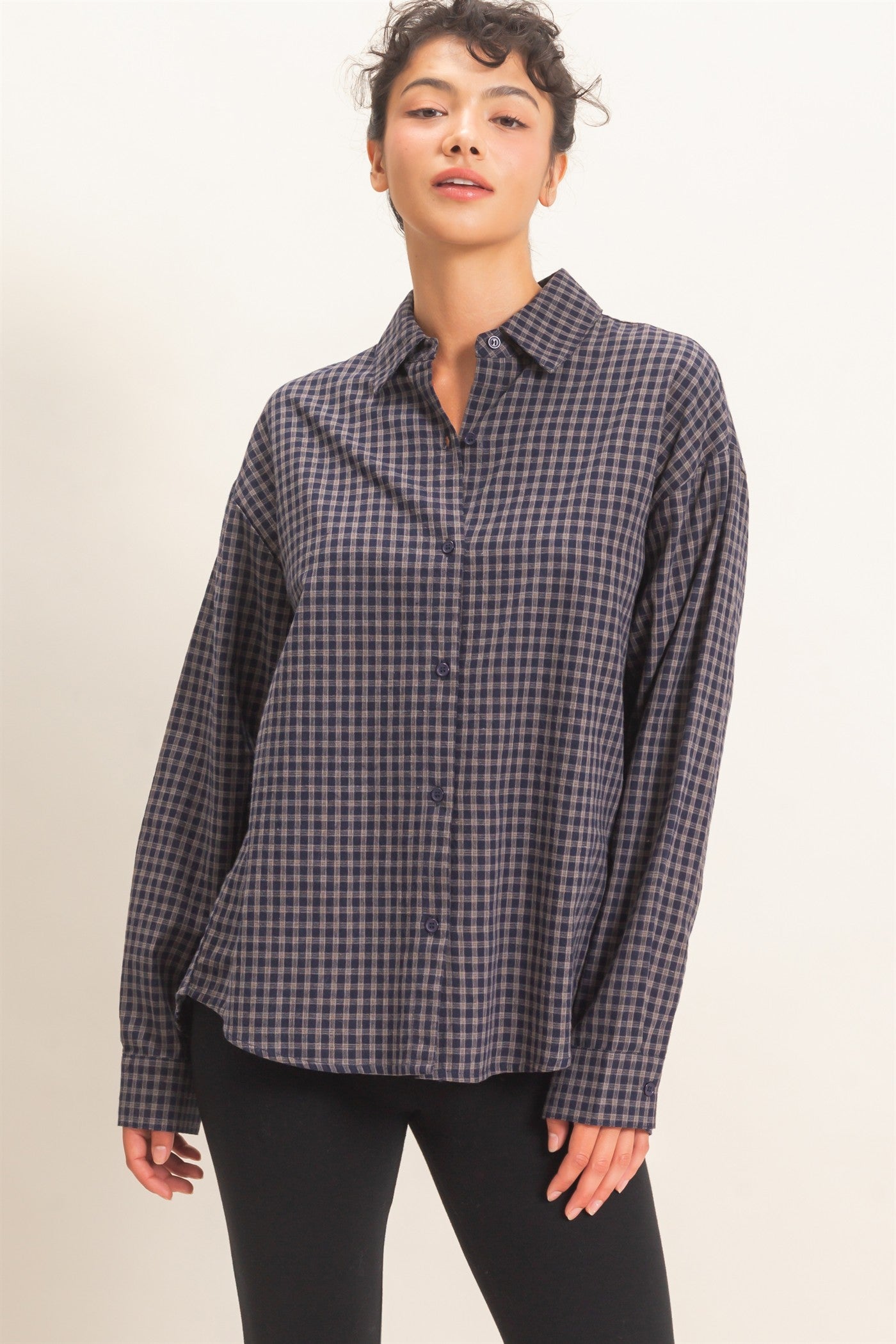 Wholesale Plaid Button-Up Shirt Shirts DZ26F012 NAVY DOUBLE ZERO