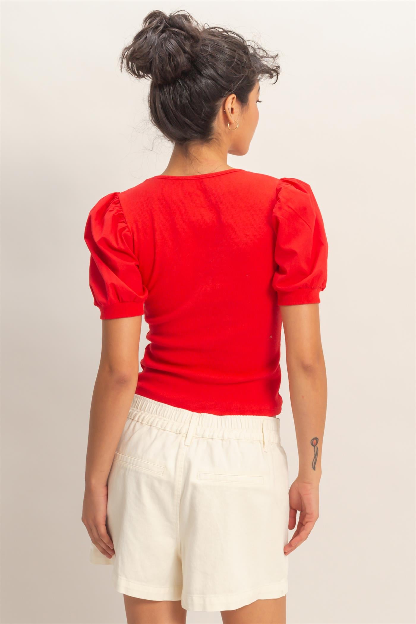 Wholesale Ribbed Puff Sleeve Scoop Neck Top Clothing Tops DZ26C071 RED DOUBLE ZERO
