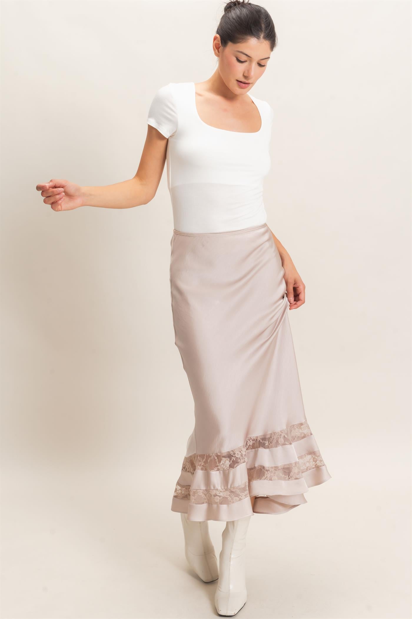 Wholesale Bias Cut Satin Skirt With Lace Hem Skirts HF26E306 CHAMPAGNE BEIGE HYFVE