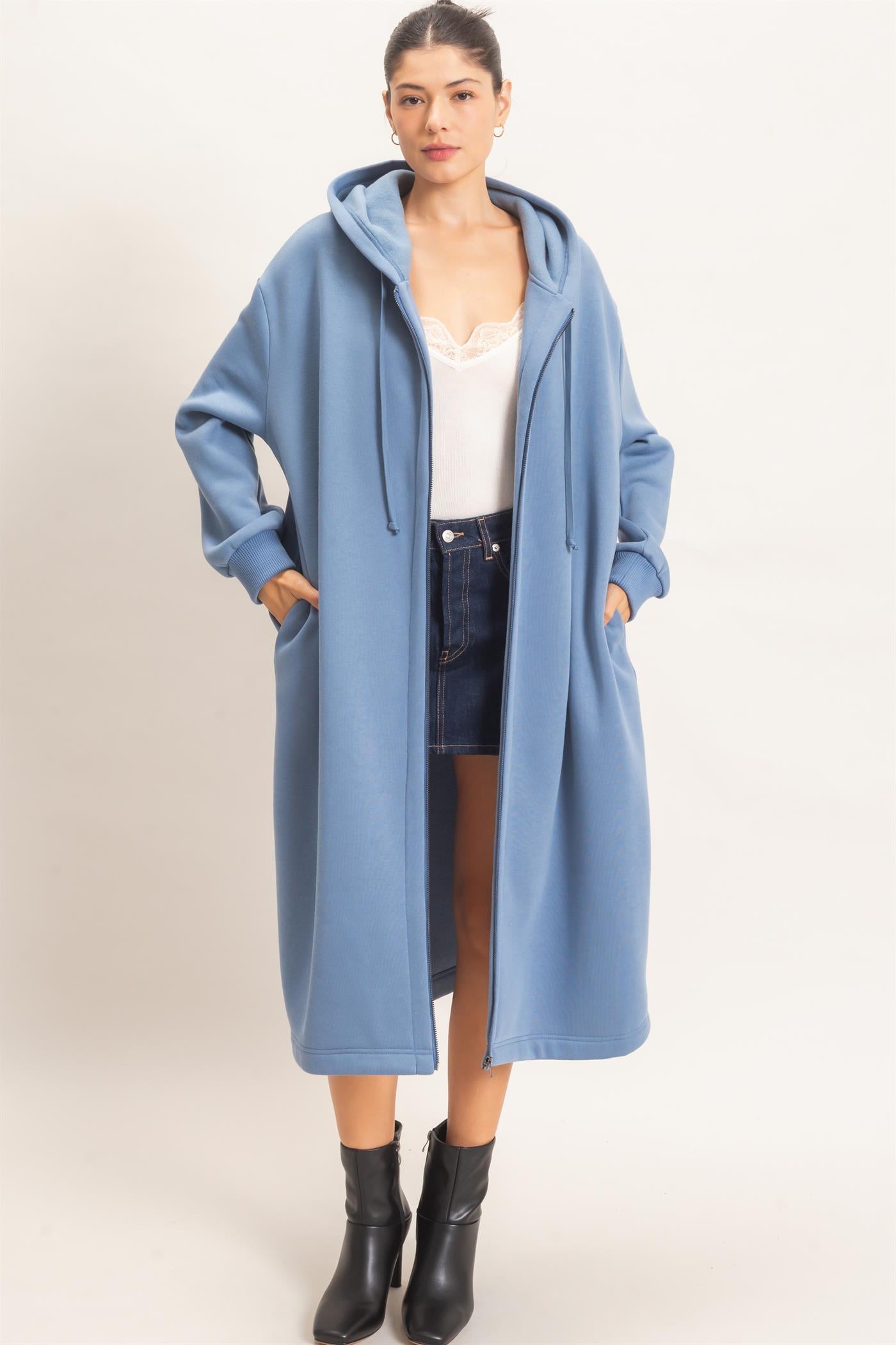 Wholesale Oversized Longline Zip-Up Hoodie Jacket Outerwear HF26E650 DENIM BLUE HYFVE