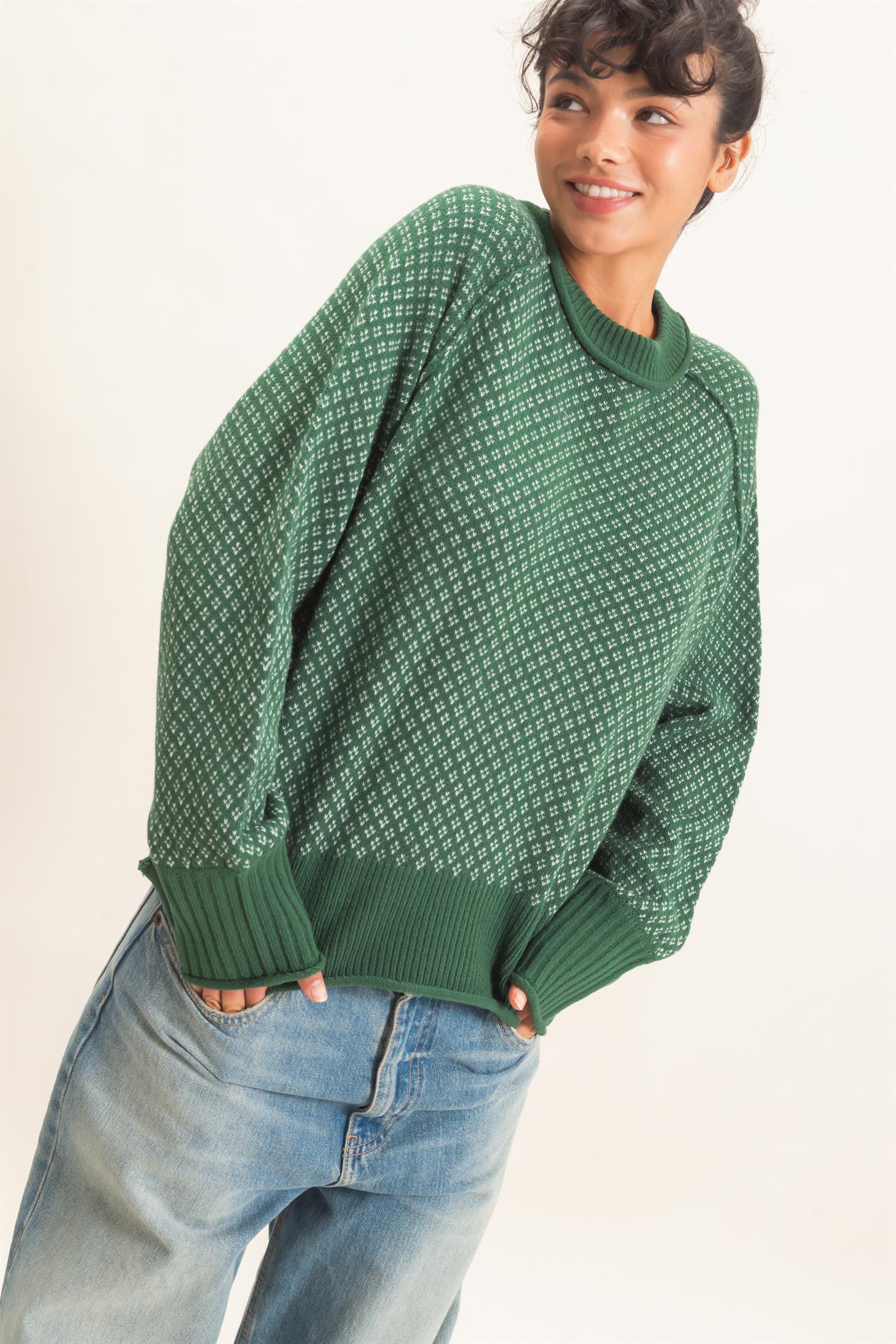 Wholesale Patterned Mock Neck Sweater Sweaters DZ26E949 DARK GREEN DOUBLE ZERO