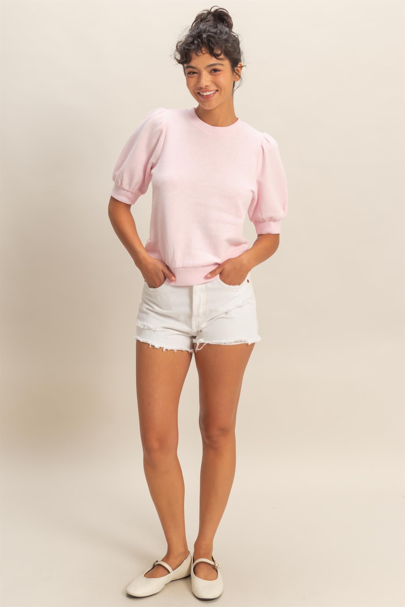 Wholesale Puff Short Sleeve Crew Neck Top Clothing Tops DZ26A927 SOFT PINK DOUBLE ZERO