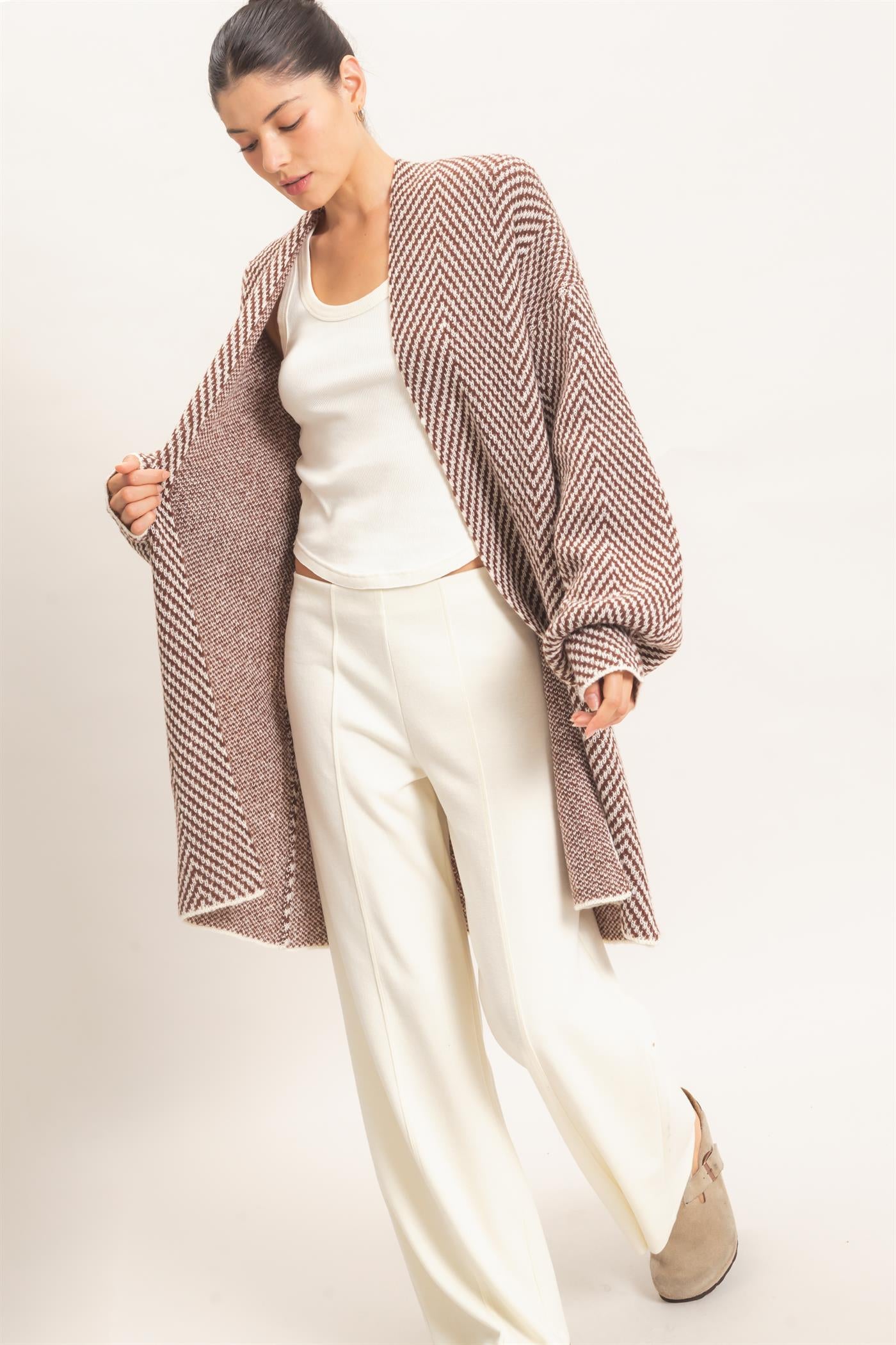 Wholesale Herringbone Pattern Open-Front Cardigan Cardigans HF26F171 BROWN HYFVE