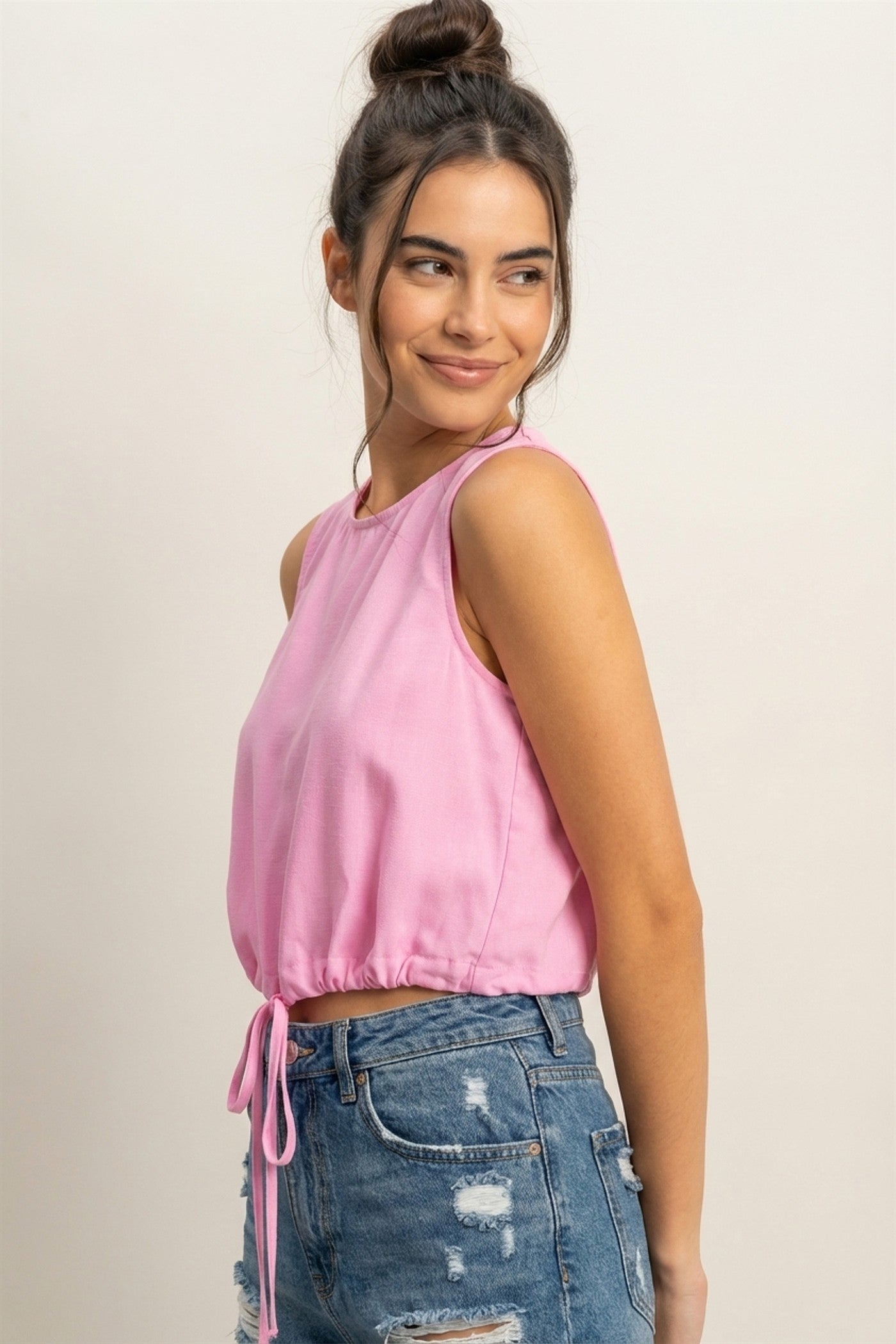 Wholesale Sand Washed Sleeveless Crop Top Clothing Tops DZ25C515 PINK DOUBLE ZERO