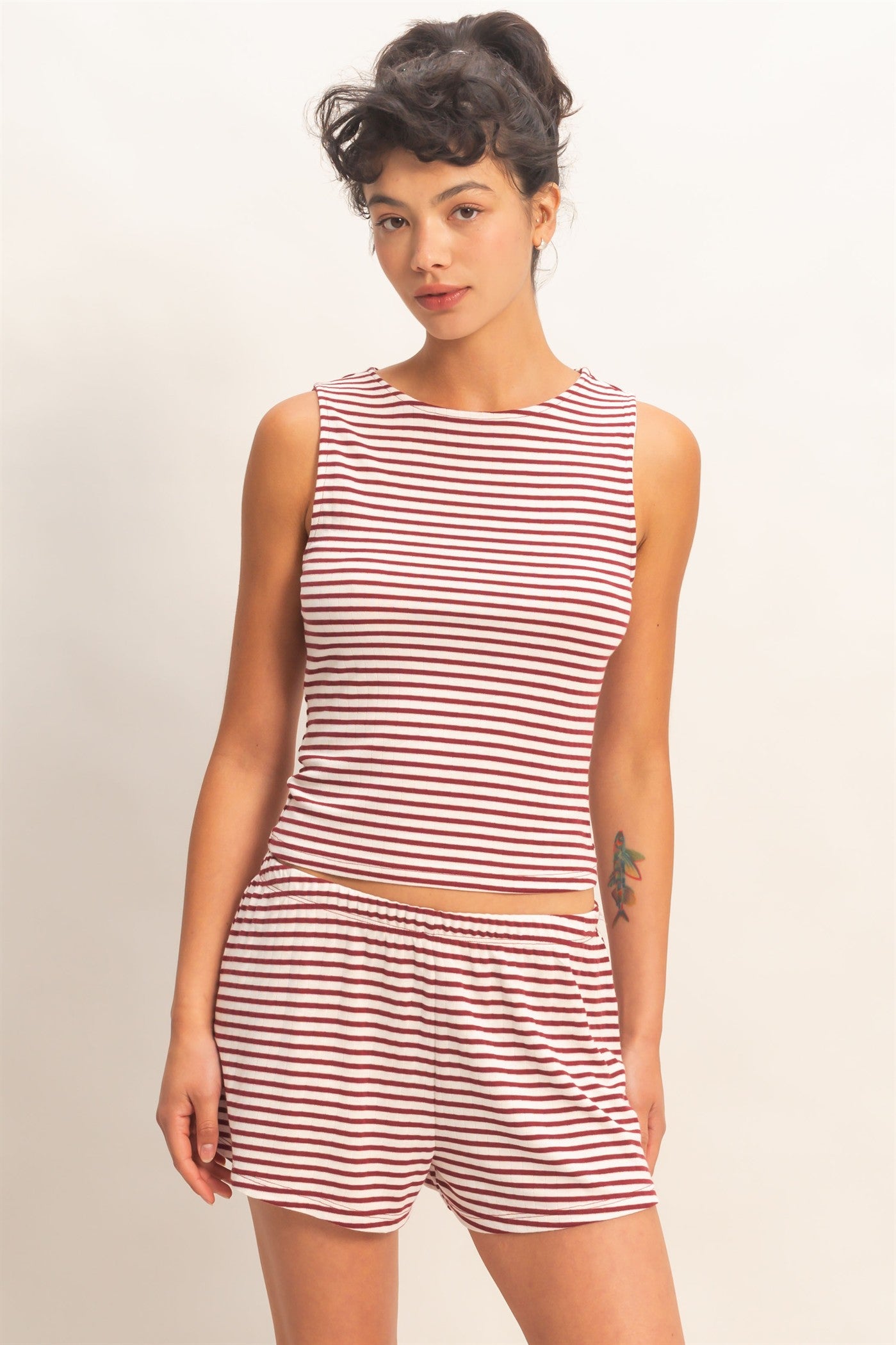 Wholesale Striped Sleeveless Tank And Shorts Set Clothing DZ26E137-SET DARK RED DOUBLE ZERO