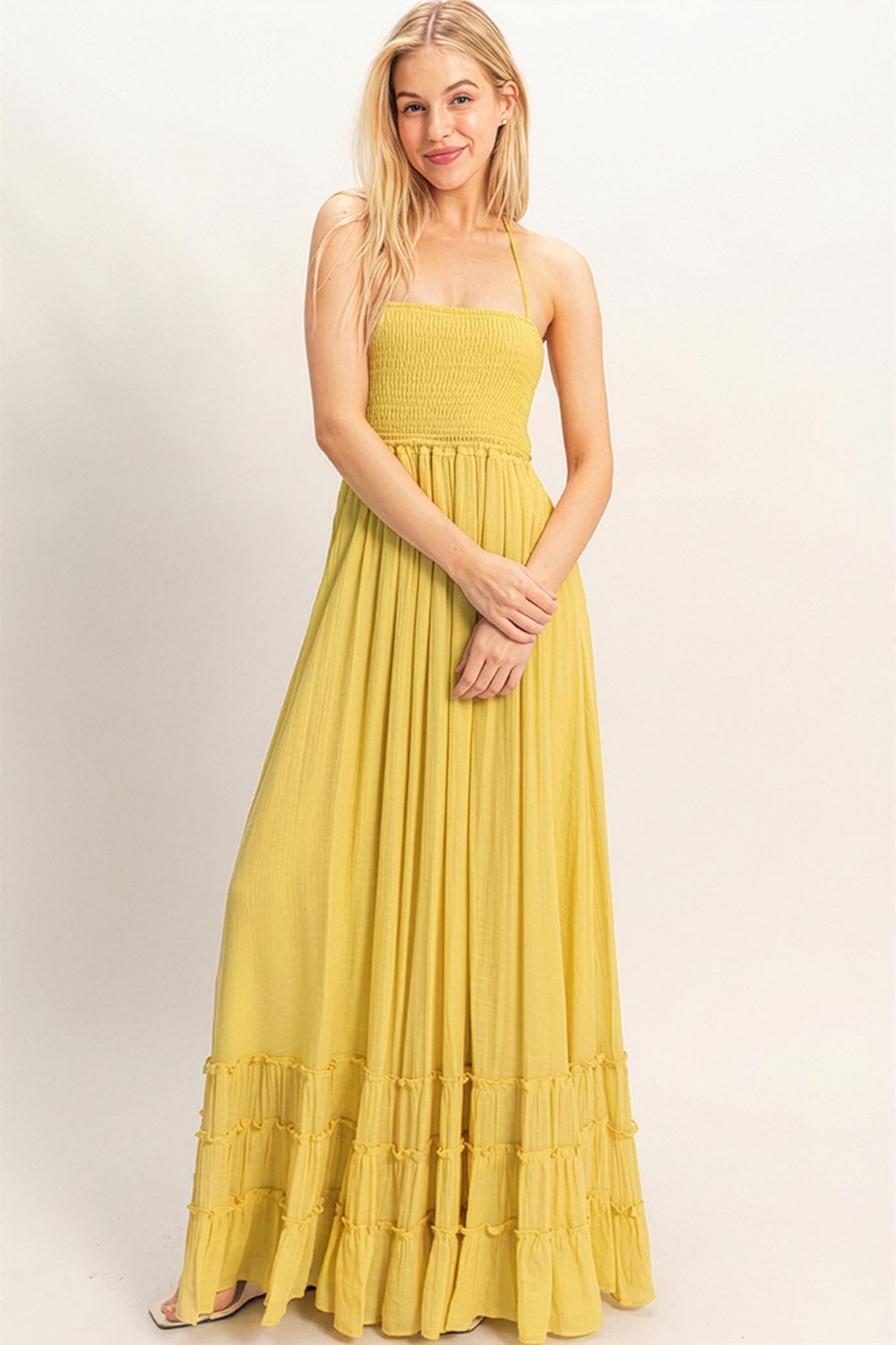 Wholesale Smocked Halter Maxi Dress Dresses HF26C290-D LIGHT YELLOW HYFVE