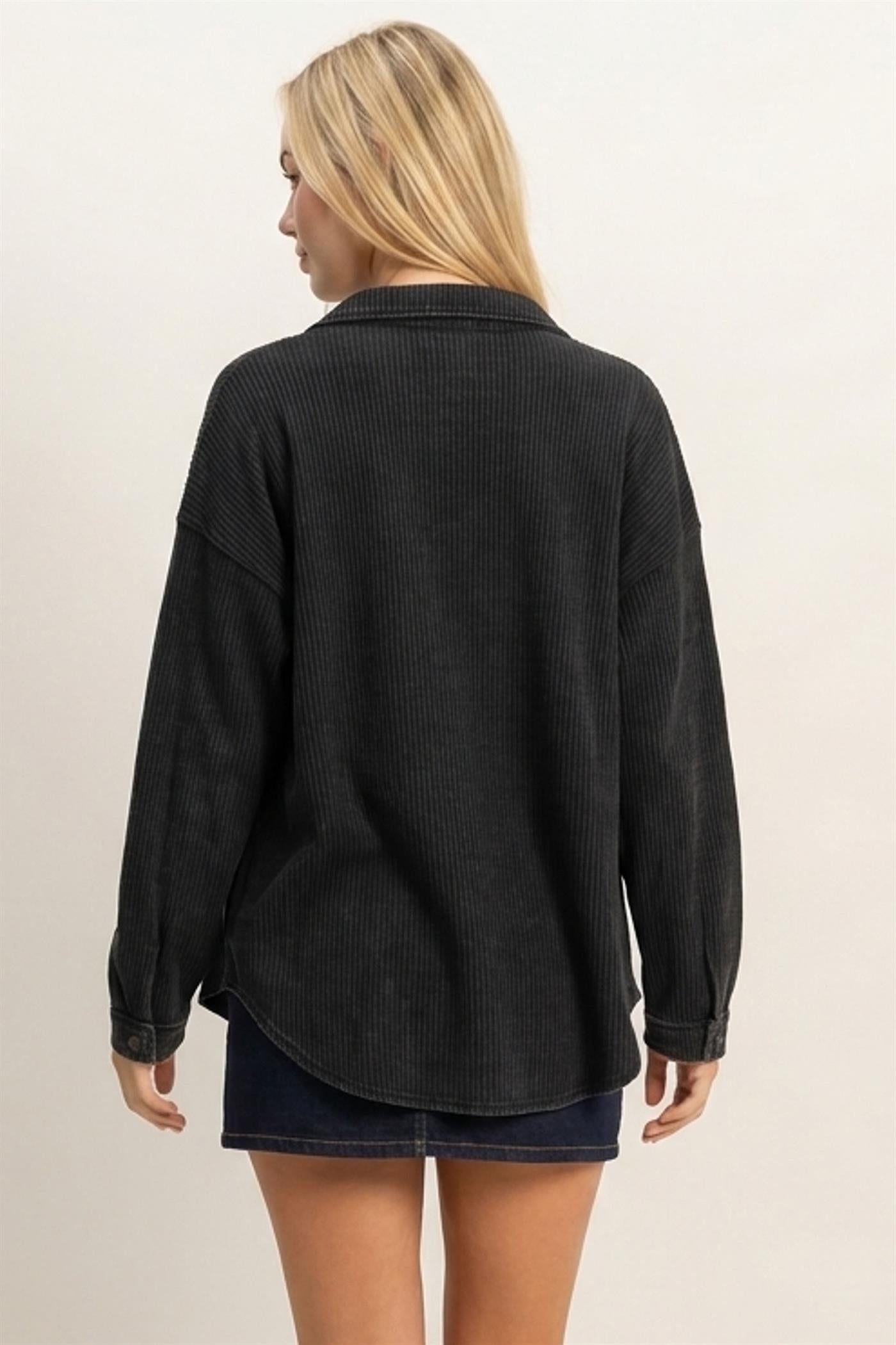 Wholesale Mineral Wash Waffle Knit Button-Up Shacket Coats & Jackets DZ26E249 BLACK DOUBLE ZERO