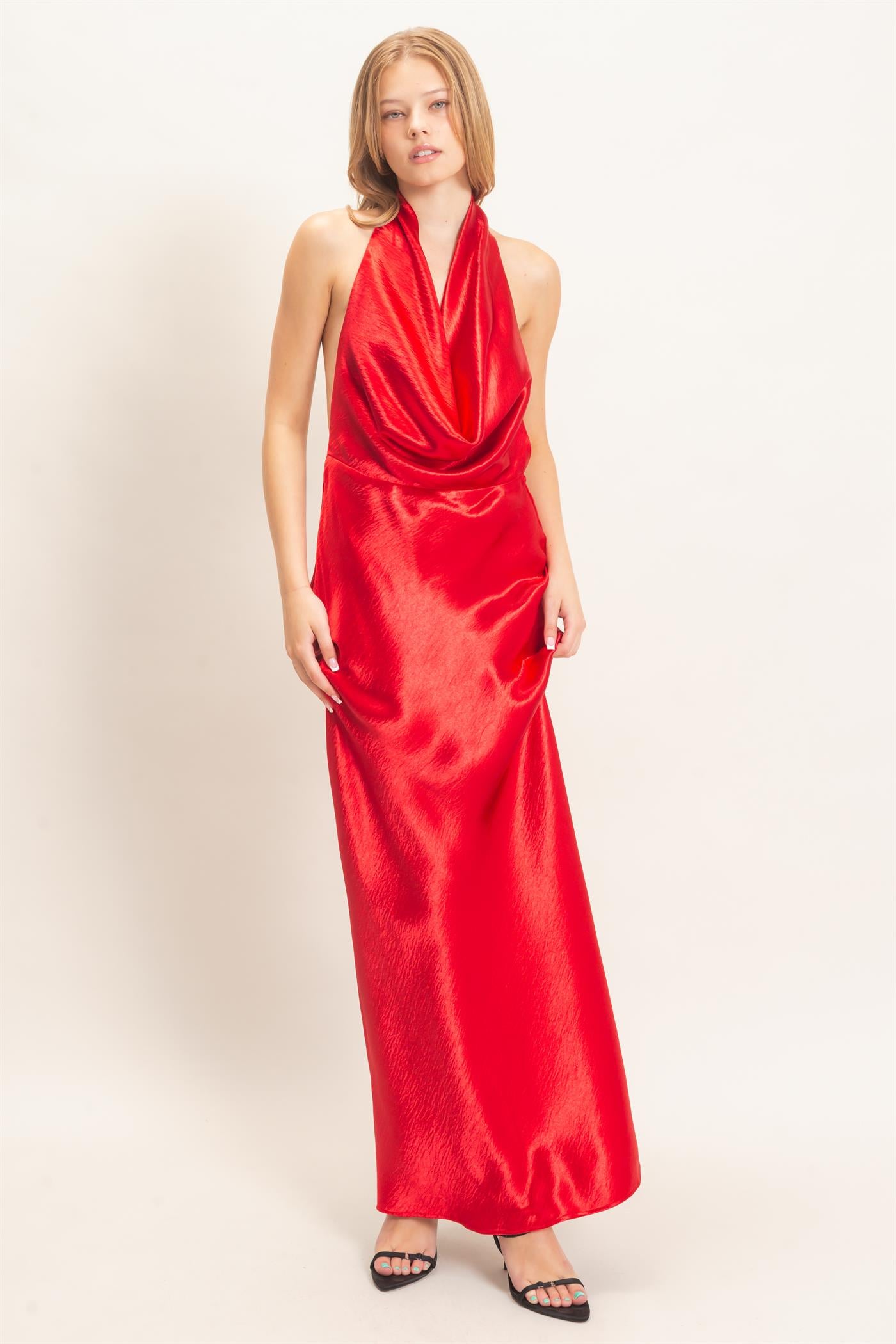 Wholesale Satin Cowl Neck Maxi Dress Dresses HF26F216-D RED HYFVE