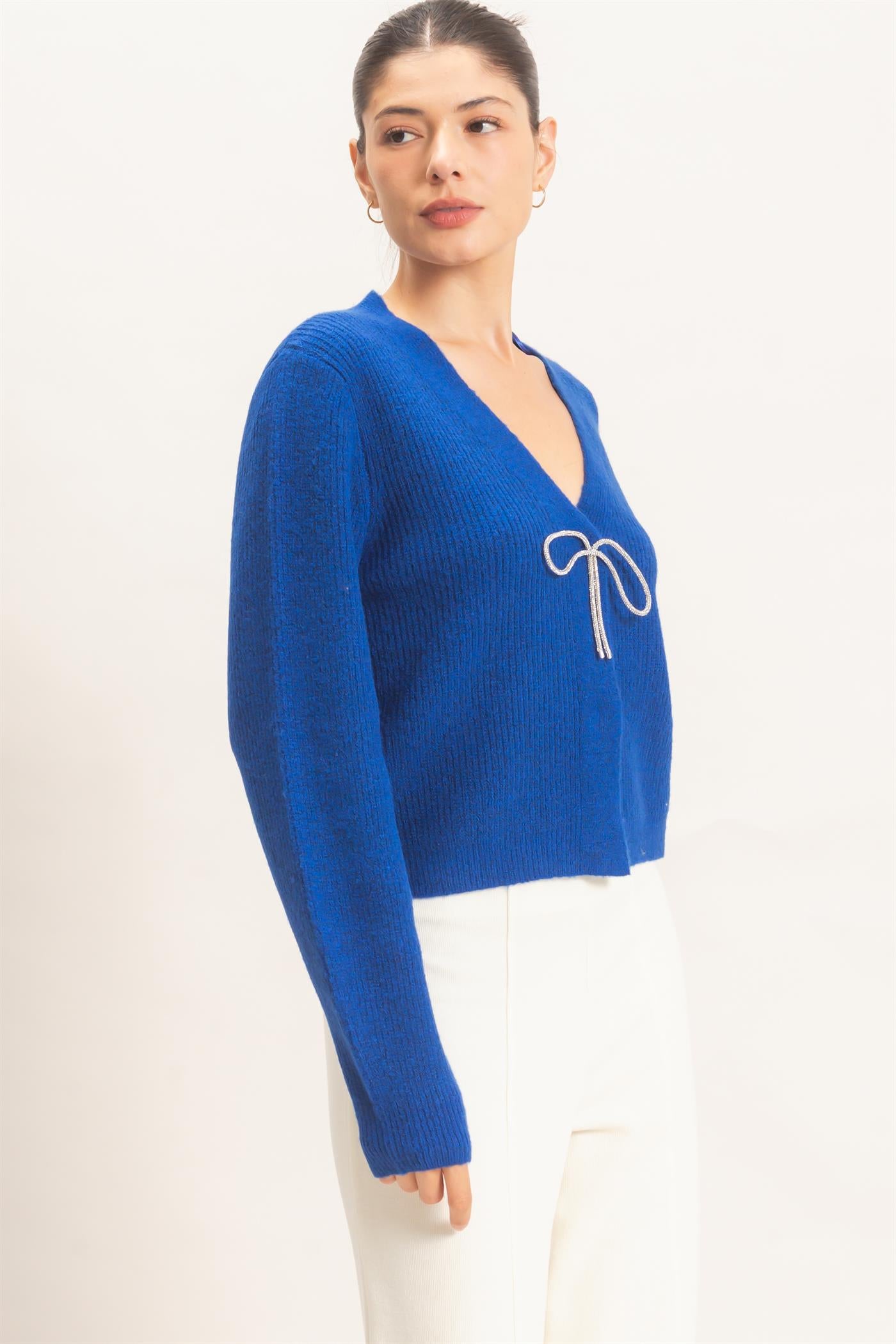 Wholesale Rhinestone Bow Tie-Front Sweater Cardigans HF26F183-D ROYAL BLUE HYFVE