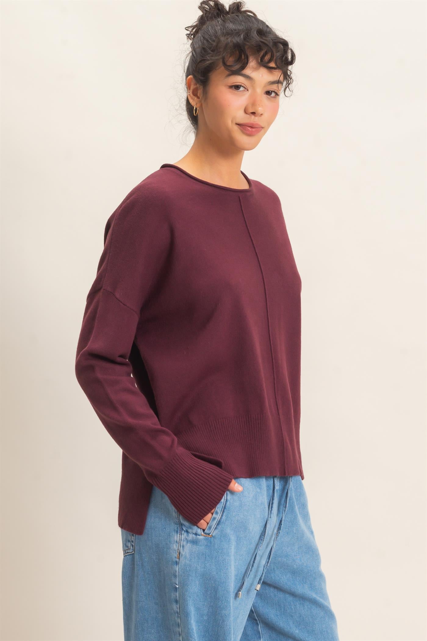 Wholesale Roll Neck Seam Detail Sweater Sweaters DZ26C975 DARK CHERRY DOUBLE ZERO