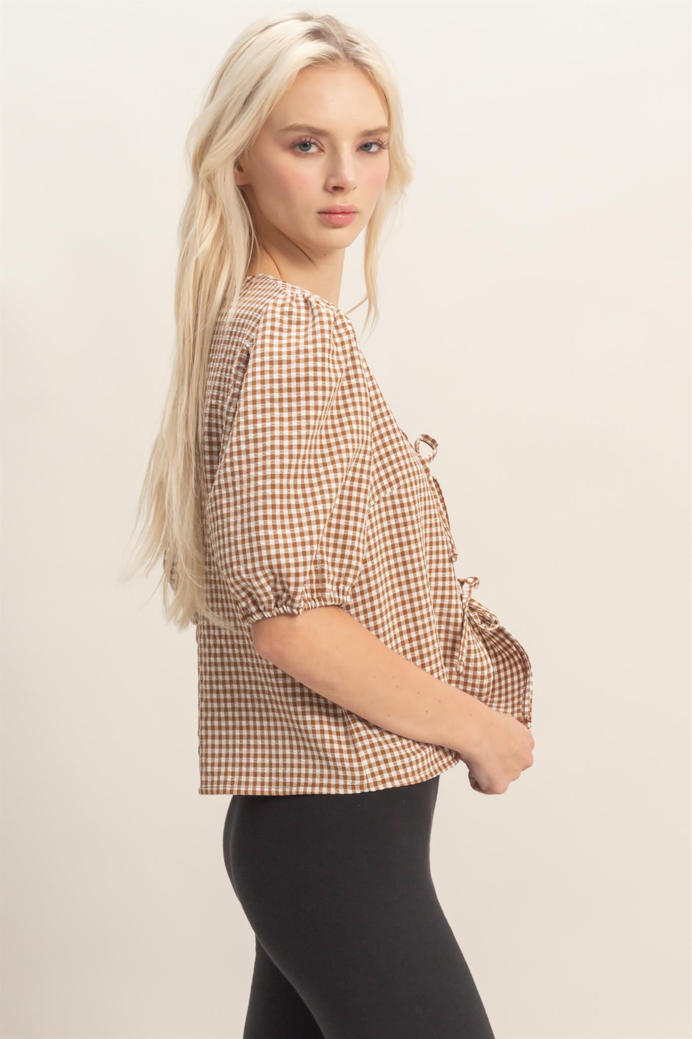 Wholesale Gingham Bow Tie Puff Sleeve Blouse Blouses DZ26C229 BROWN DOUBLE ZERO