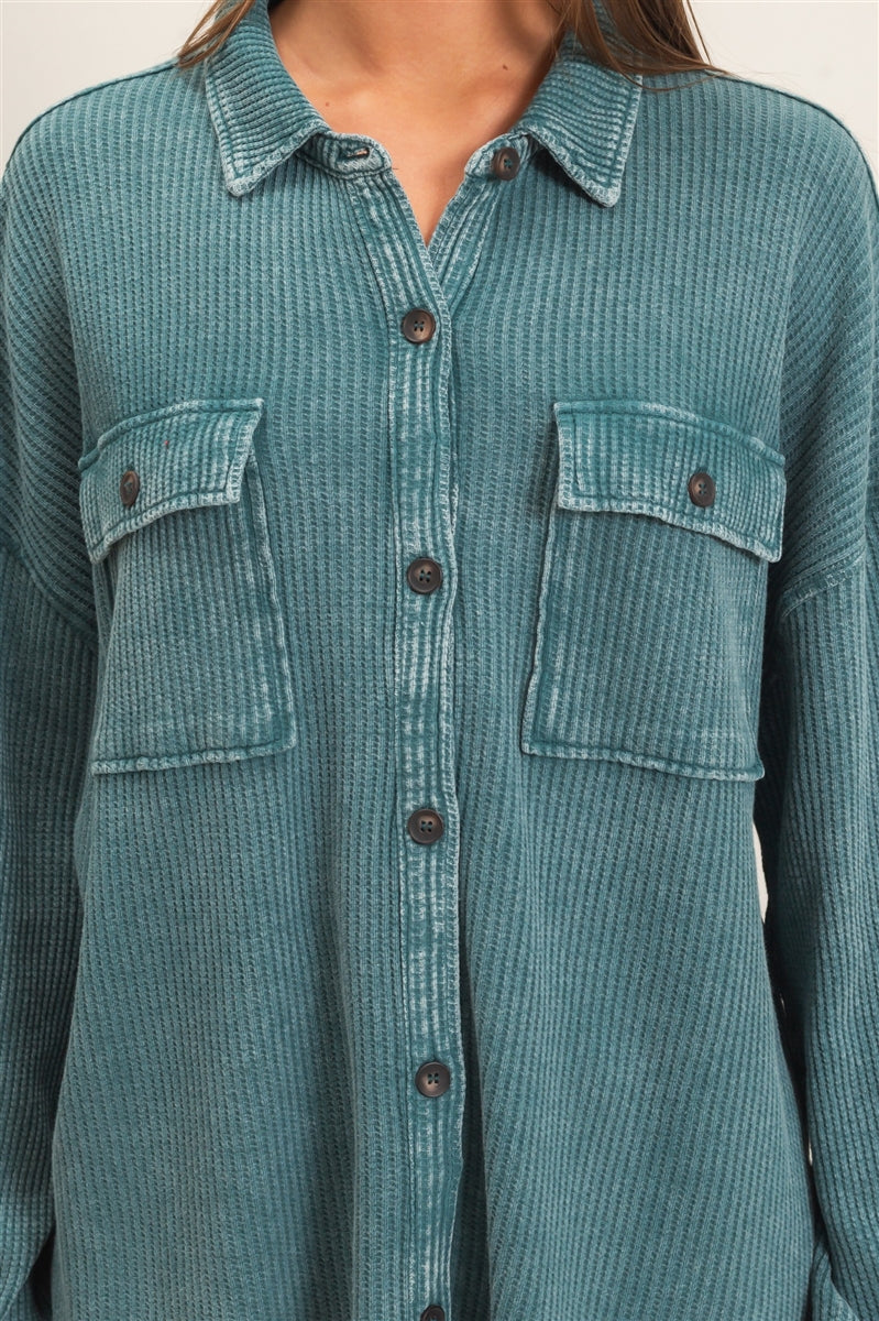 Wholesale Mineral Wash Waffle Knit Button-Up Shacket Coats & Jackets DZ26E249 DARK TEAL DOUBLE ZERO