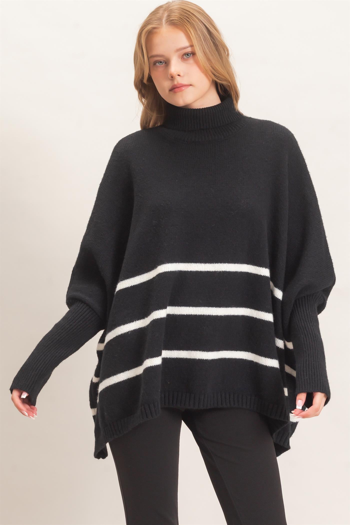 Wholesale Striped Turtleneck Poncho Sweater Sweaters HF26F194 BLACK HYFVE