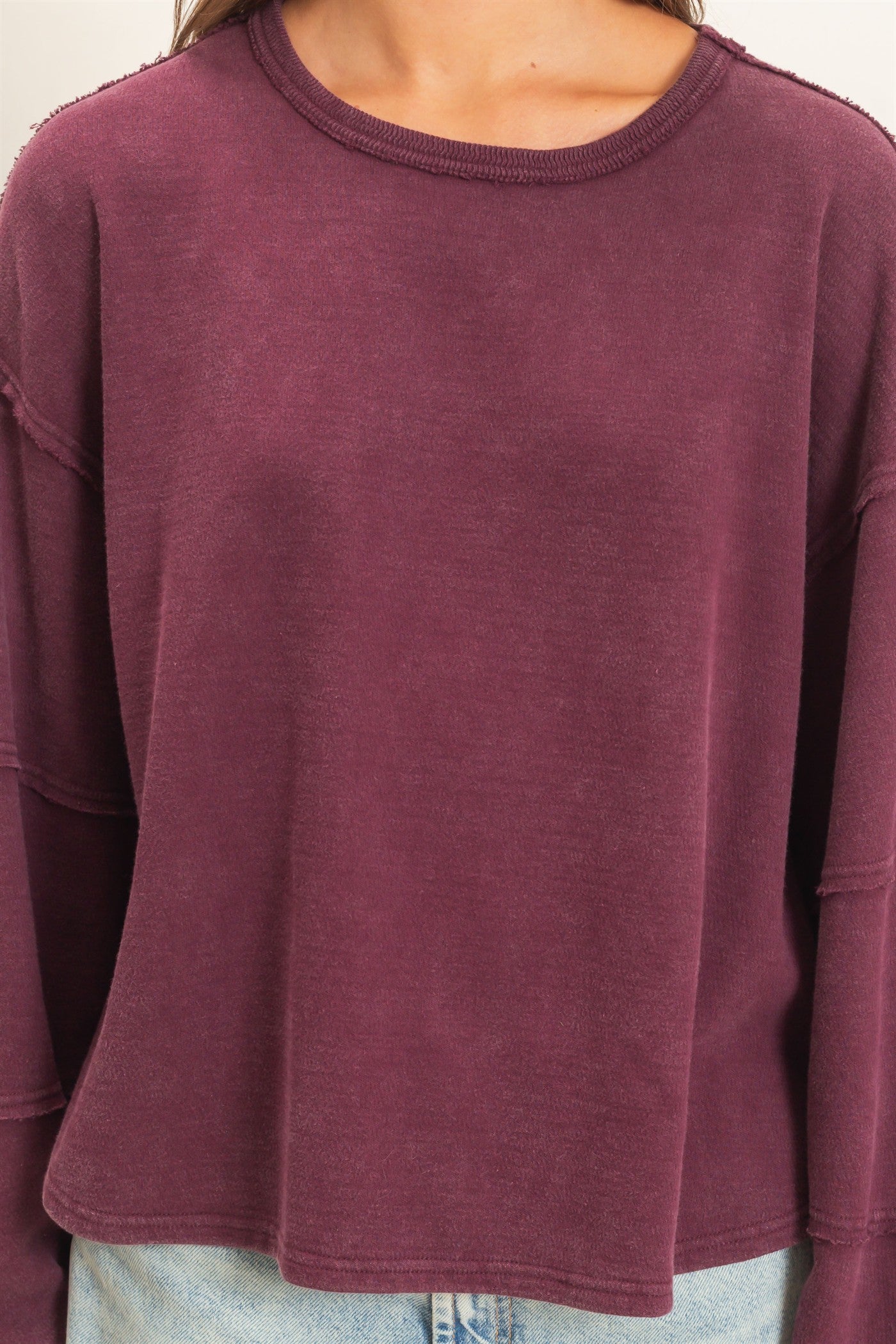 Wholesale Mineral Wash Overzised Raw Edge Crew Neck Top Clothing Tops DZ26E449 DARK CHERRY DOUBLE ZERO