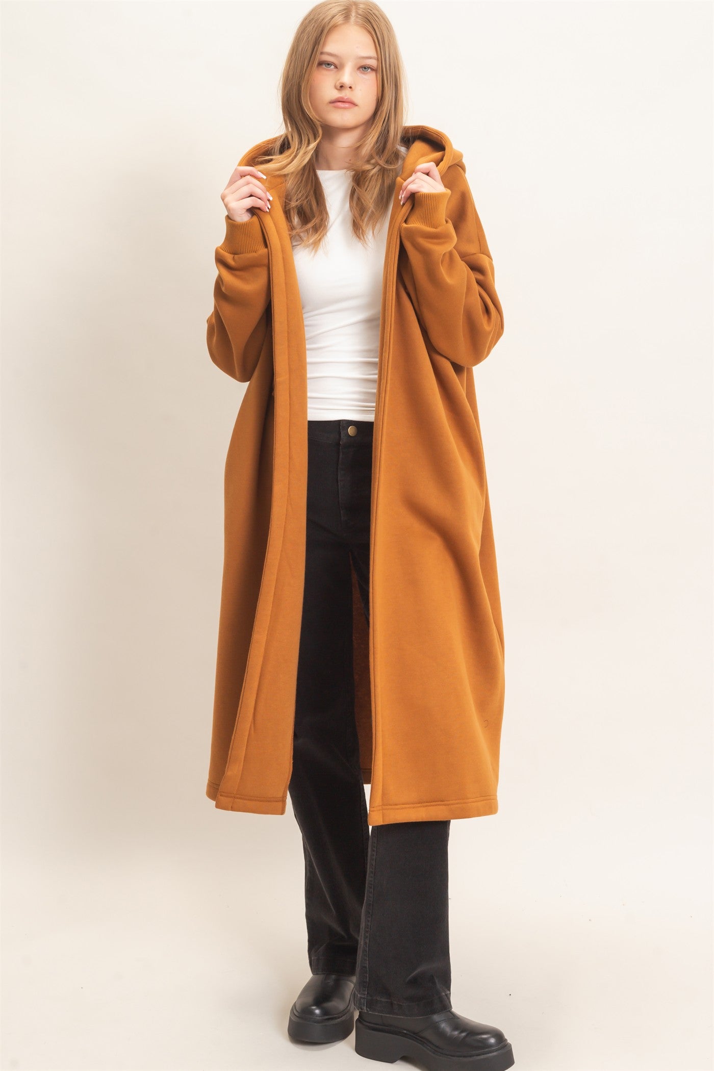 Wholesale Oversized Hooded Open Front Coat Coats & Jackets HF26F142-D CAMEL HYFVE