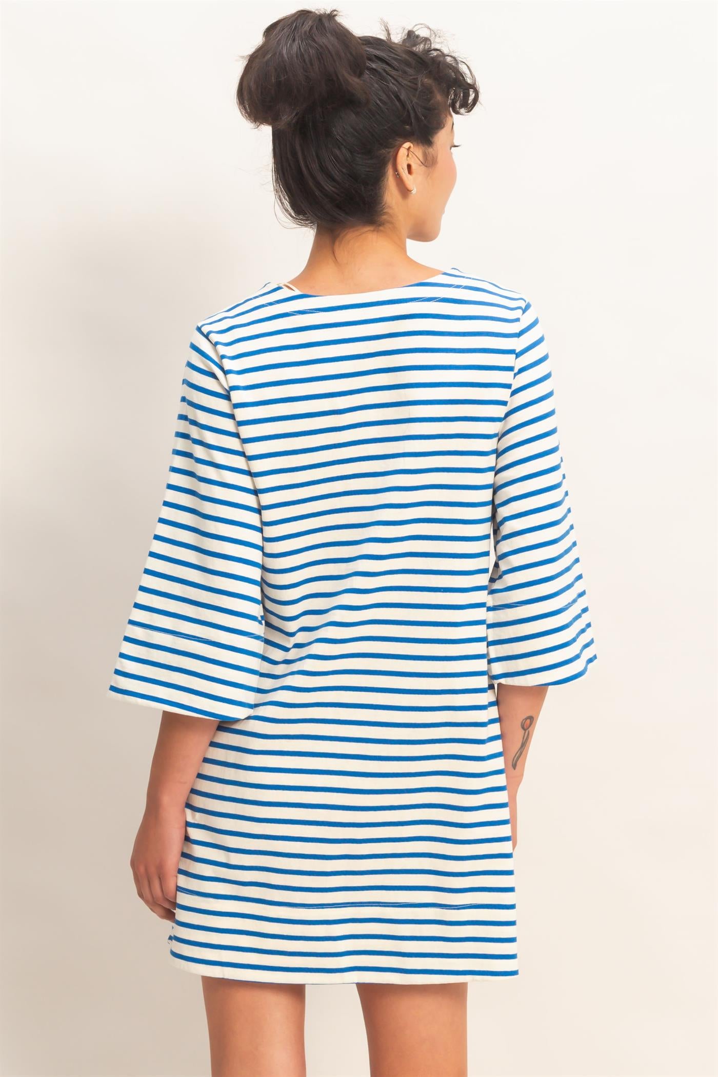 Wholesale Striped Round Neck Half-Sleeve Mini Dress Dresses DZ26A460 BLUE DOUBLE ZERO