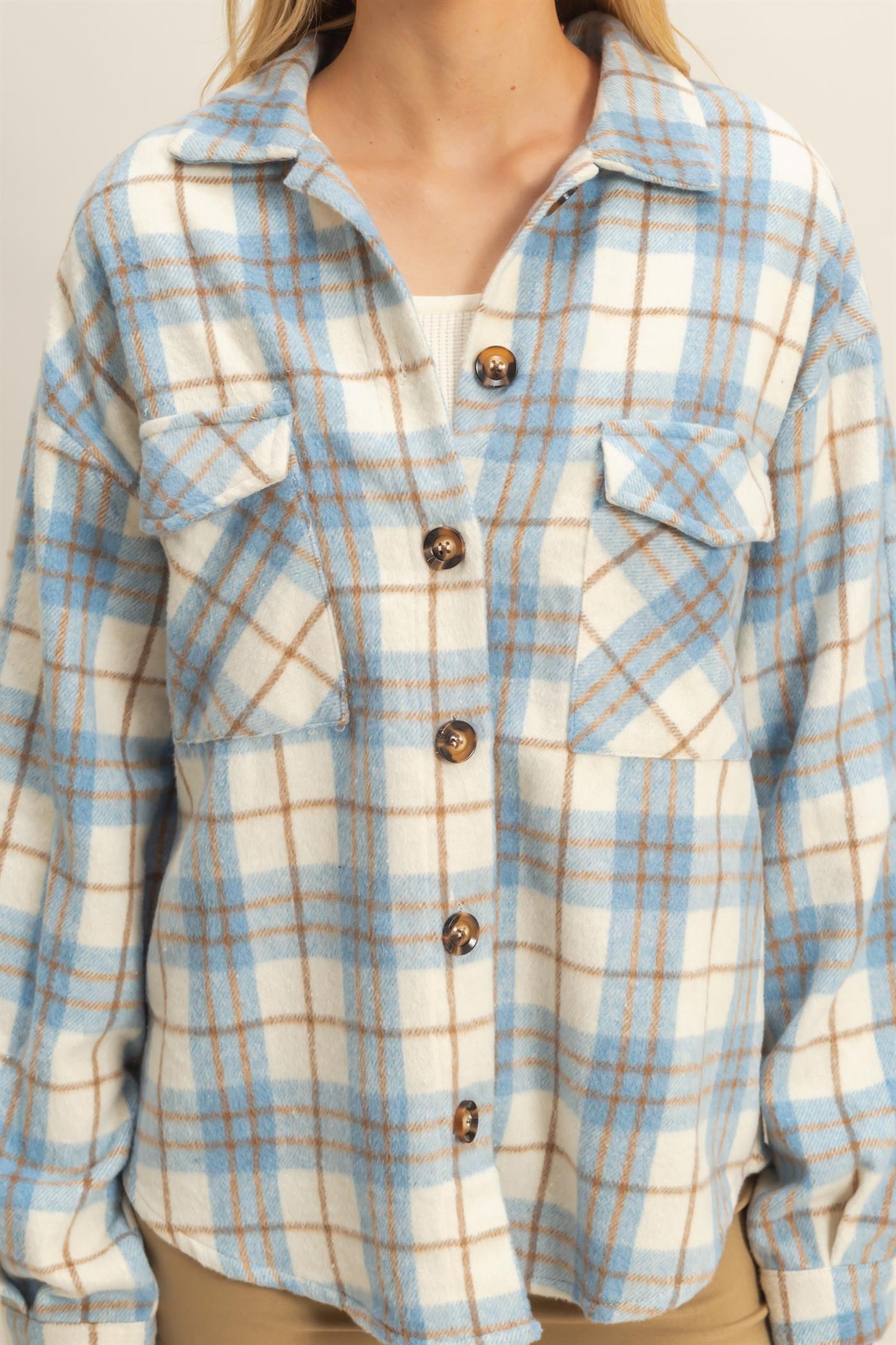 Wholesale Collared Plaid Shacket Shirts HF23G058 BLUE HYFVE