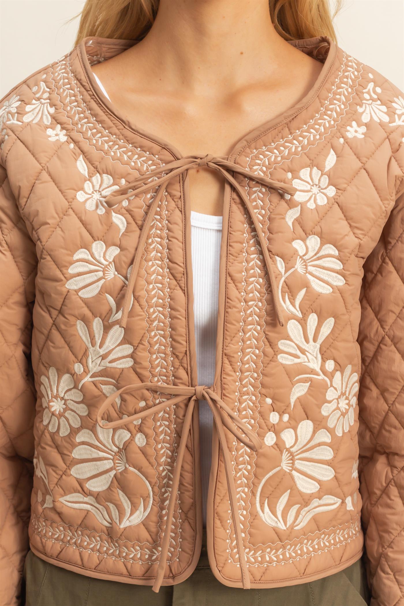 Wholesale Quilted Floral Embroidered Padding Jacket Coats & Jackets HF26A084 BROWN HYFVE