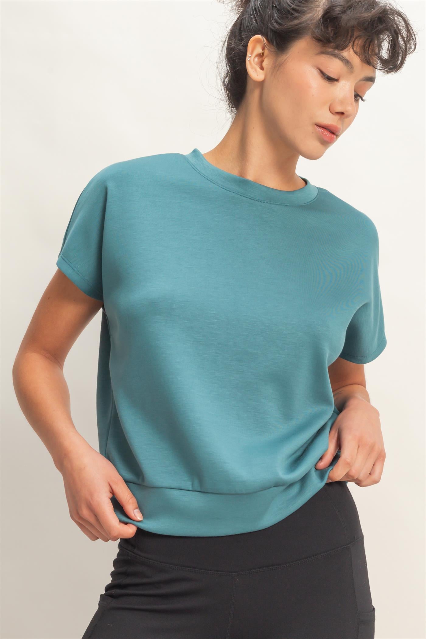 Wholesale Crew Neck Short Dolman Sleeve Top Clothing Tops DZ26C205 DARK TEAL DOUBLE ZERO