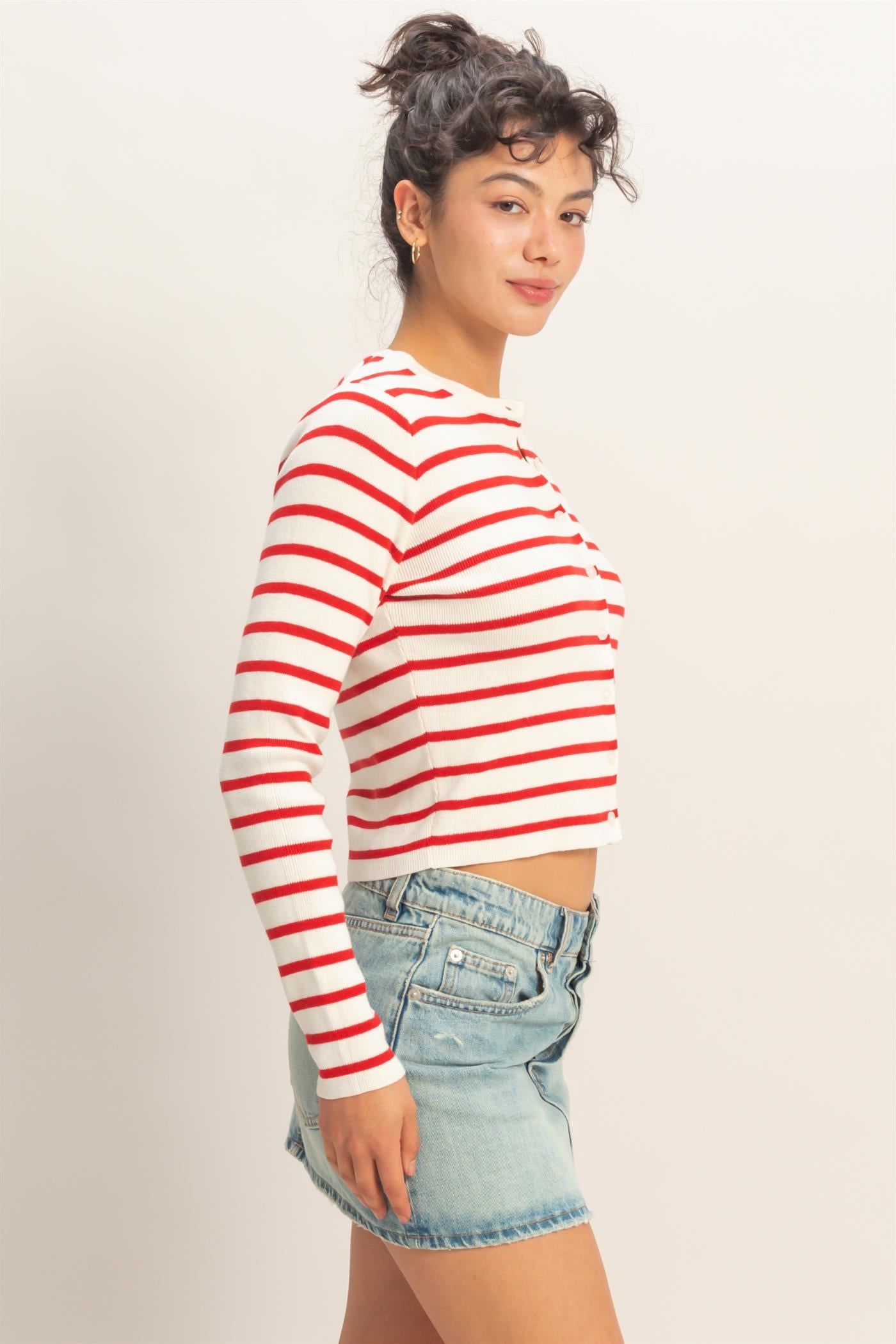 Wholesale Striped Button-Up Cardigan Cardigans DZ26C166 RED DOUBLE ZERO