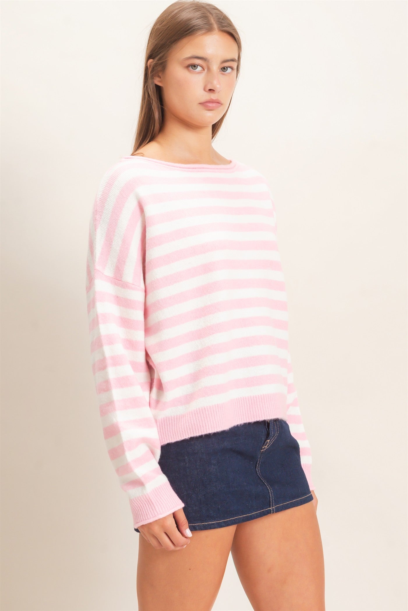 Wholesale Off The Shoulder Striped Sweater Sweaters DZ26E653 PINK DOUBLE ZERO