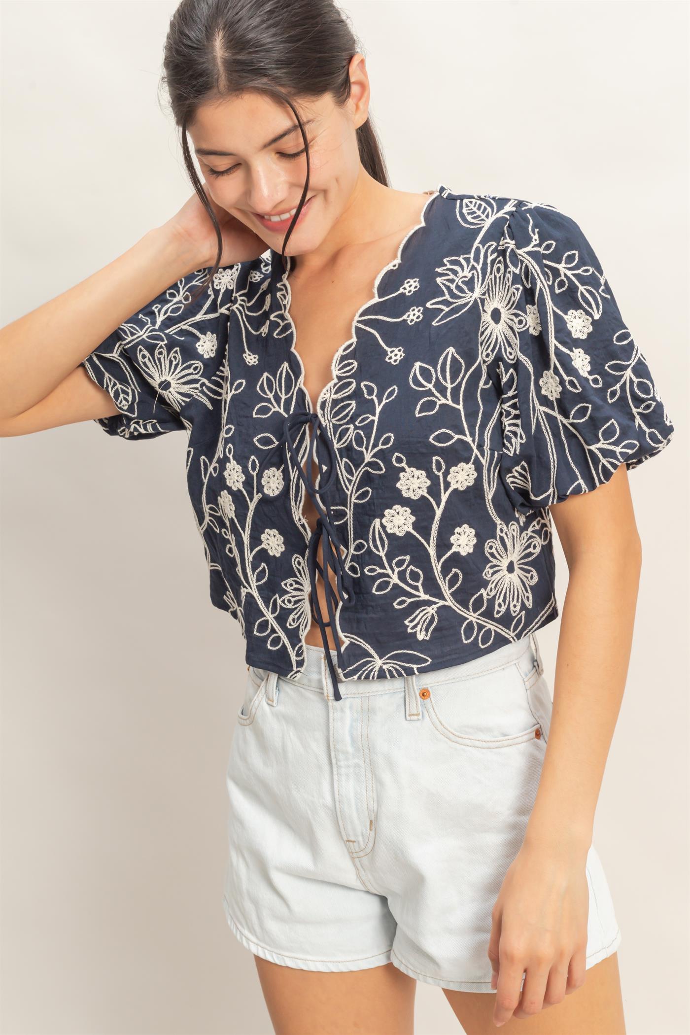 Wholesale Floral Embroidered Tie-Front Top Blouses HF26C556-D NAVY HYFVE