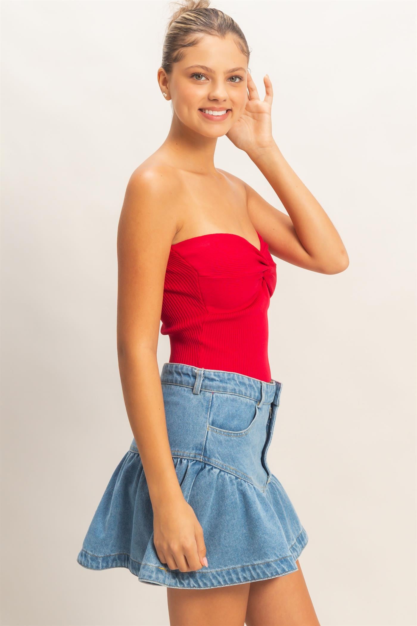 Wholesale Ribbed Knot Bustier Top Clothing Tops DZ26A308 RED DOUBLE ZERO
