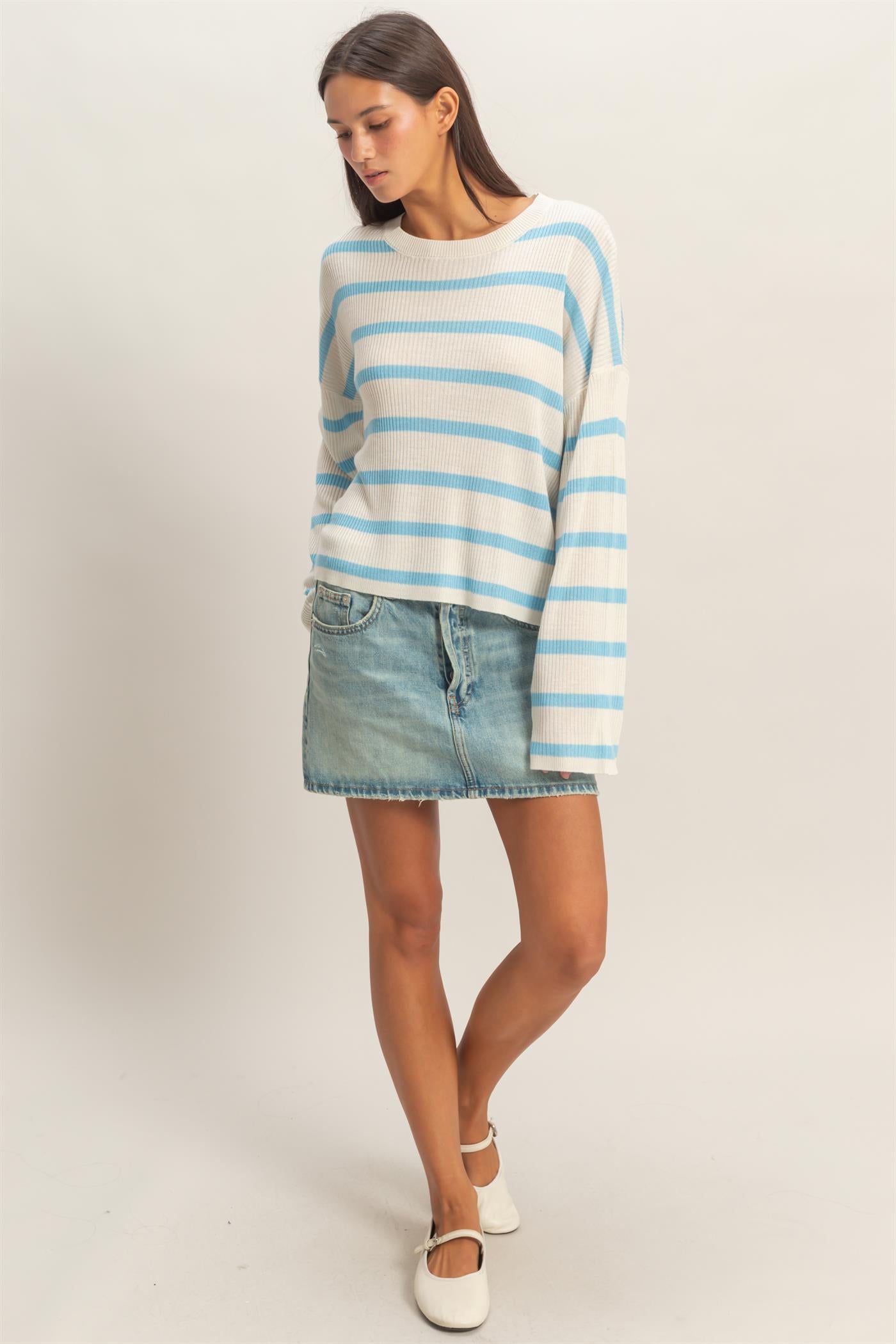 Wholesale Lightweight Wide-Sleeve Striped Sweater Clothing Tops DZ26A329 BLACK DOUBLE ZERO