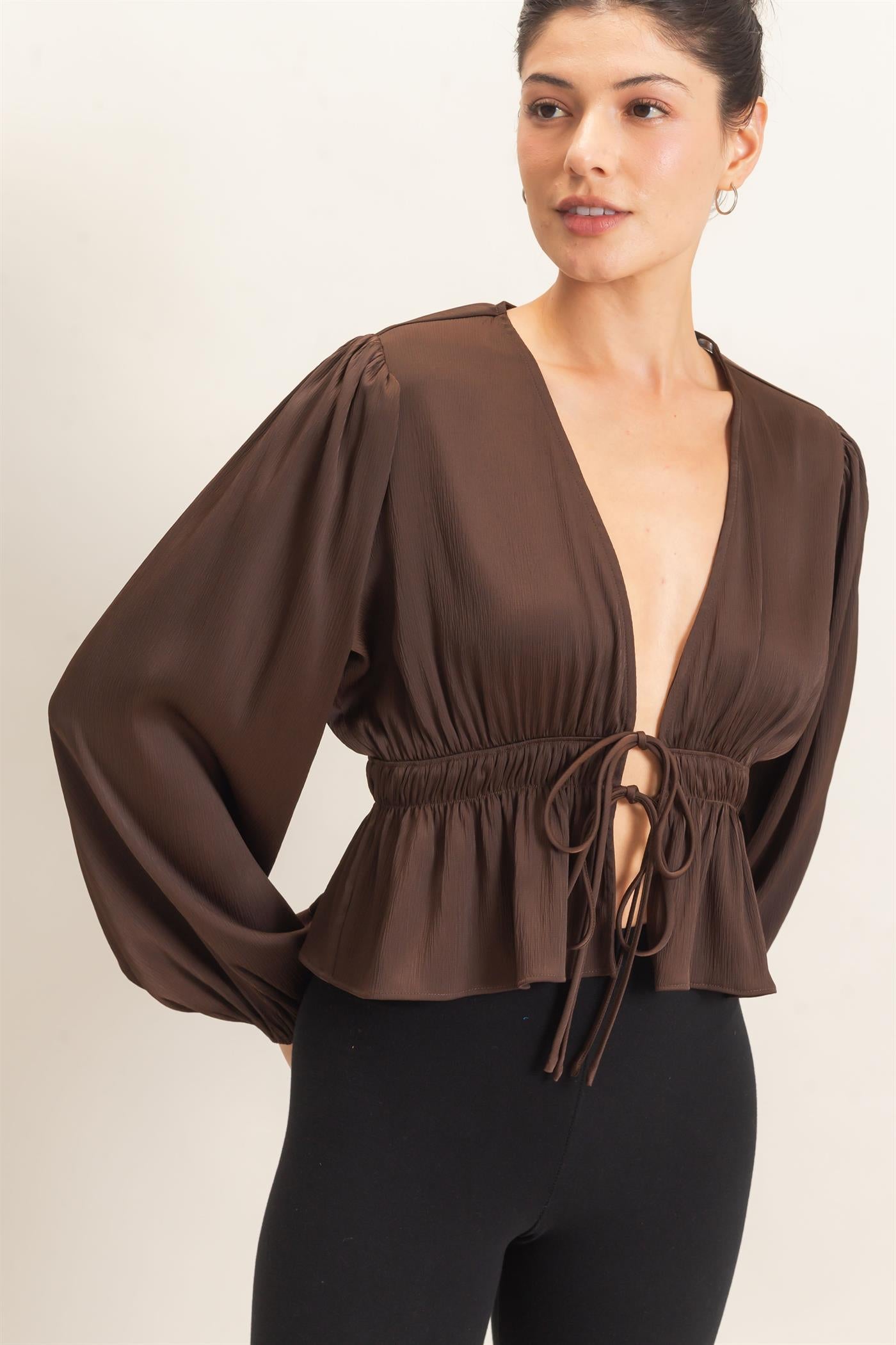 Wholesale Plunging Tie-Front Blouse Blouses HF26F082 BROWN HYFVE