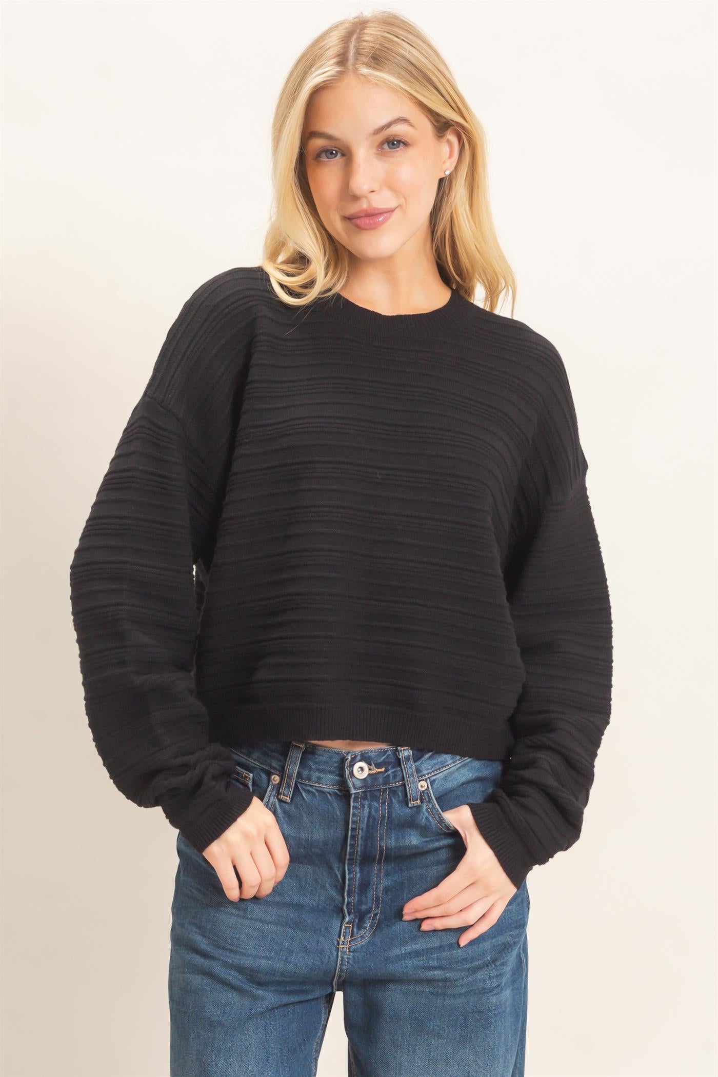 Wholesale Textured Crew Neck Sweater Sweaters HF26F196 BLACK HYFVE