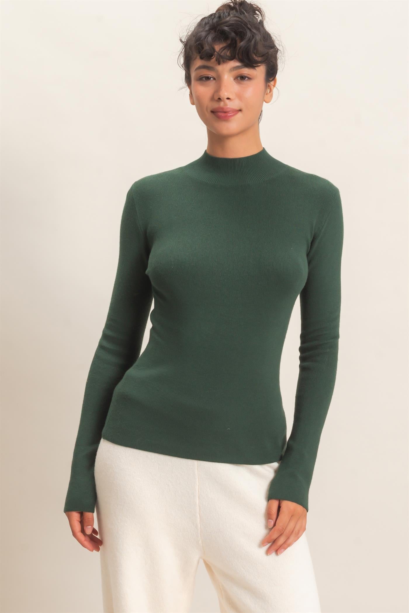 Wholesale Ribbed Mock Neck Long Sleeve Knit Top Clothing Tops DZ26F201 DARK GREEN DOUBLE ZERO