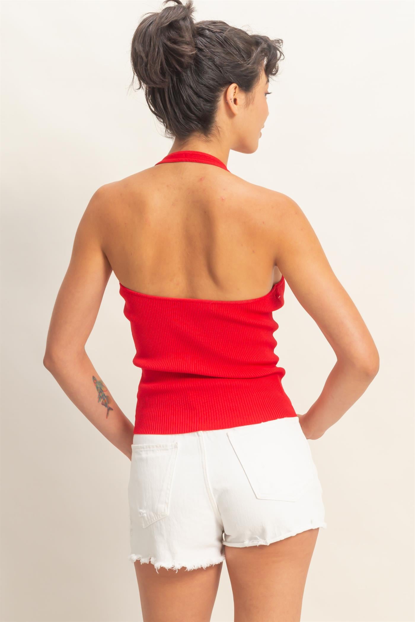 Wholesale Ribbed Halter Neck Top Clothing Tops DZ26C628 RED DOUBLE ZERO