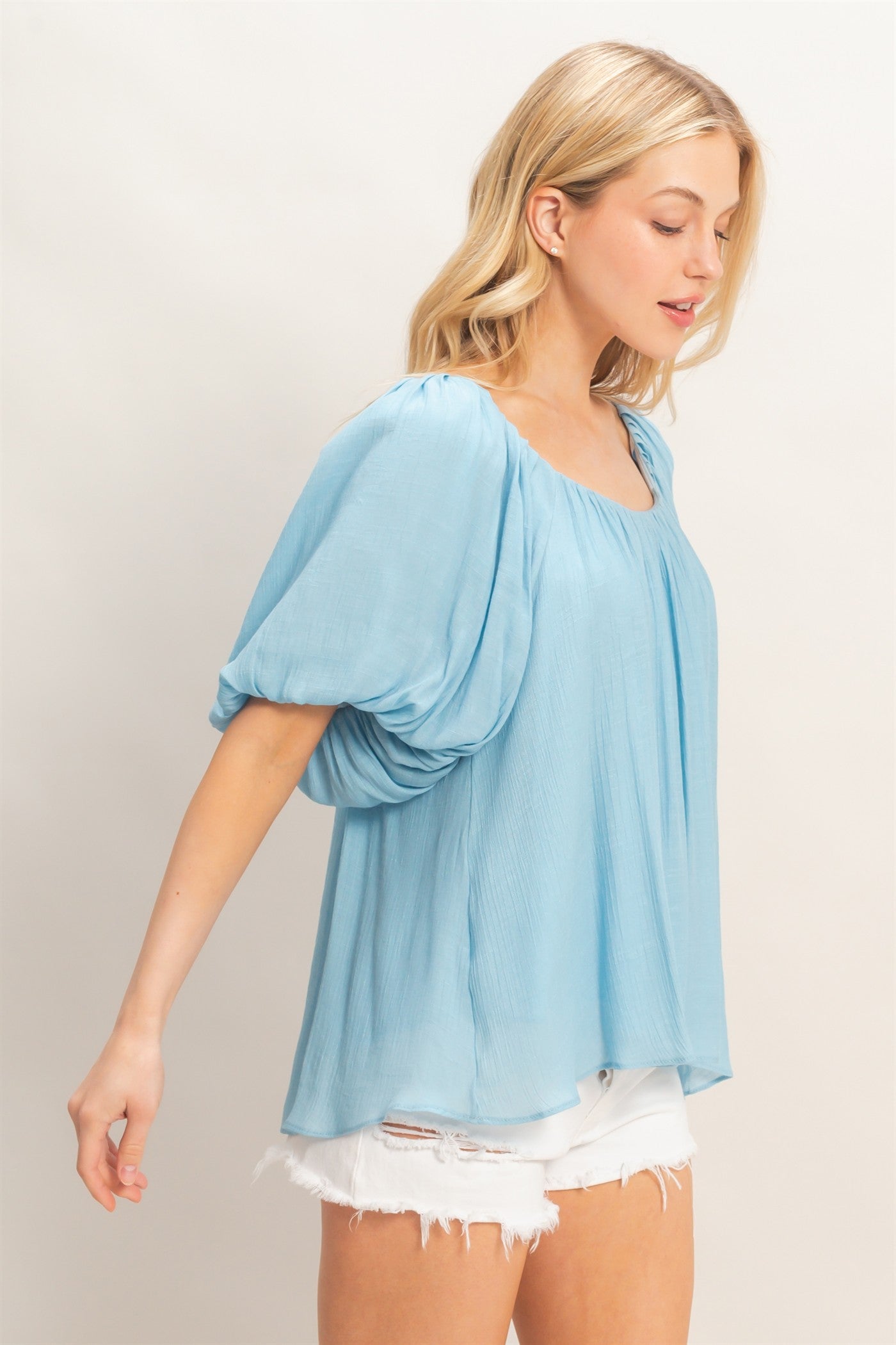Wholesale Gathered Puff Sleeve Blouse Blouses HF26C307 SKY BLUE HYFVE