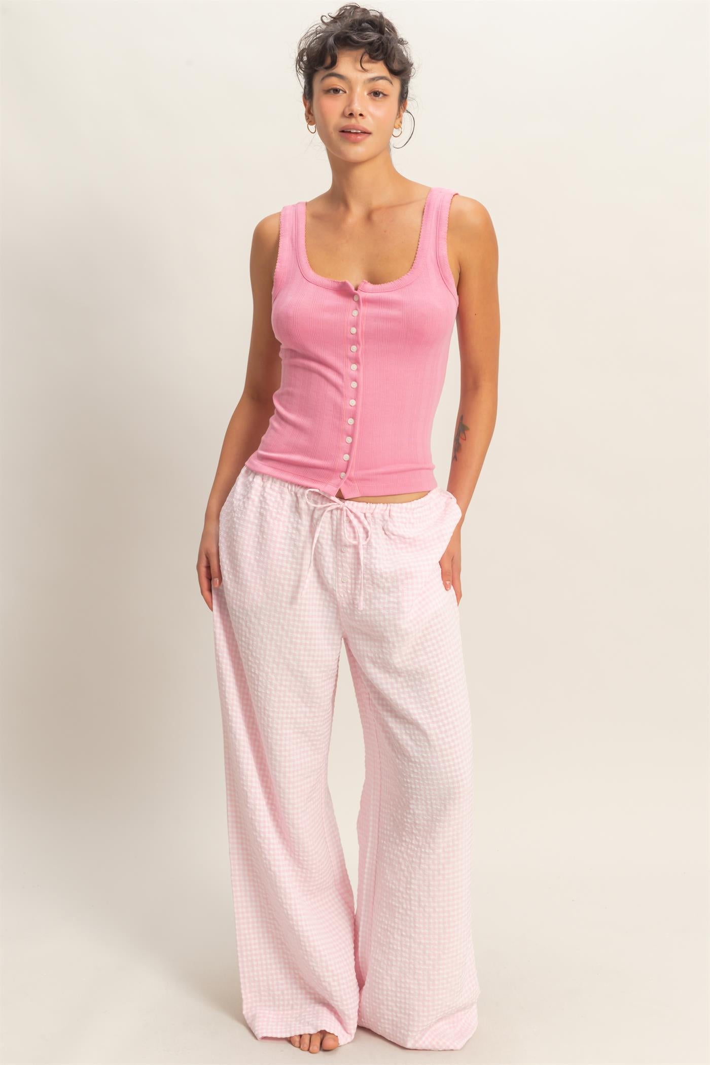 Wholesale Pointelle Button Front Scoop Neck Tank Top Tank Tops DZ26A775 PINK DOUBLE ZERO