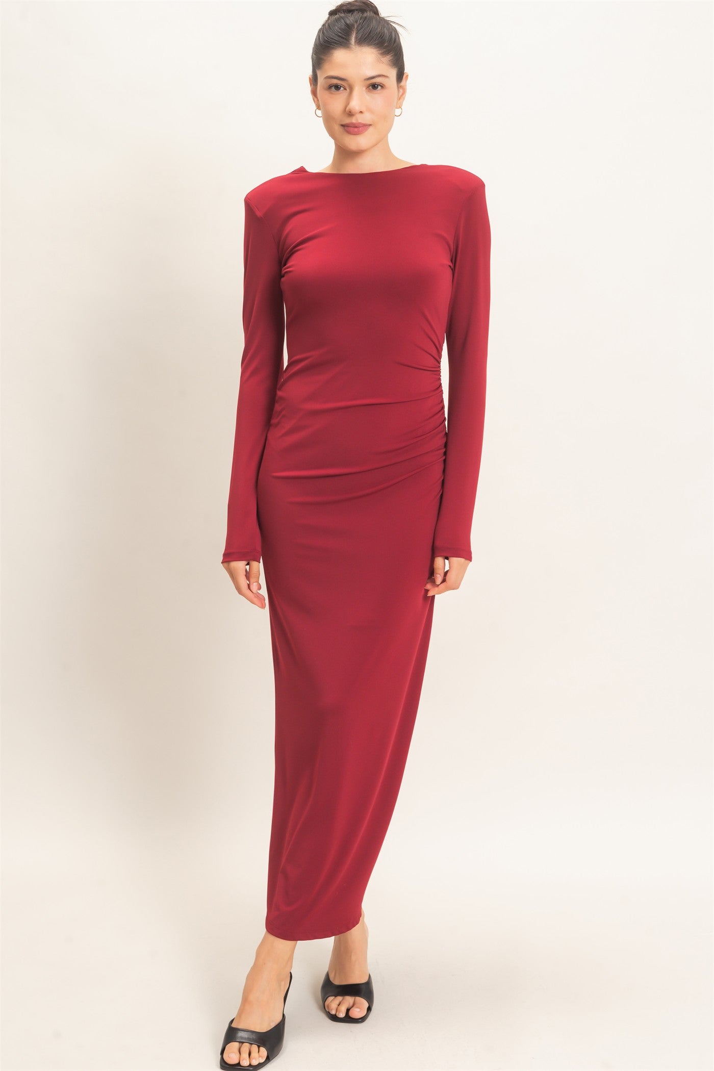 Wholesale Ruched Long Sleeve Open Back Midi Dress Dresses HF26F118 DARK RED HYFVE