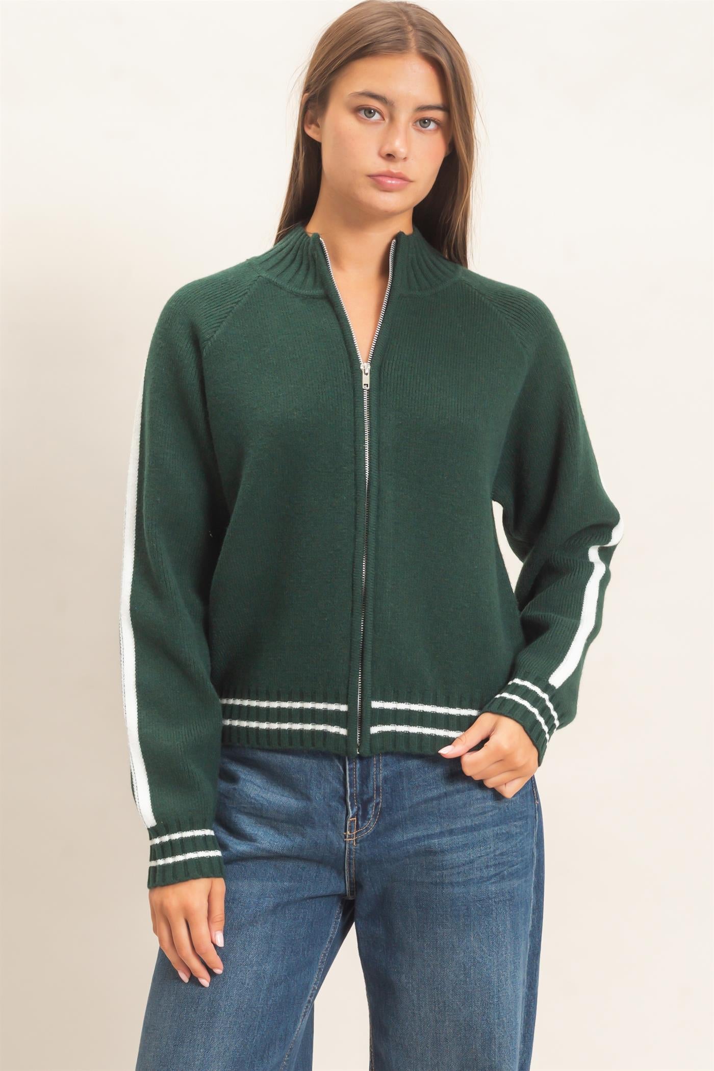Wholesale Contrast Stripe Zip-Up Sweater Sweaters DZ26E861 DARK GREEN DOUBLE ZERO
