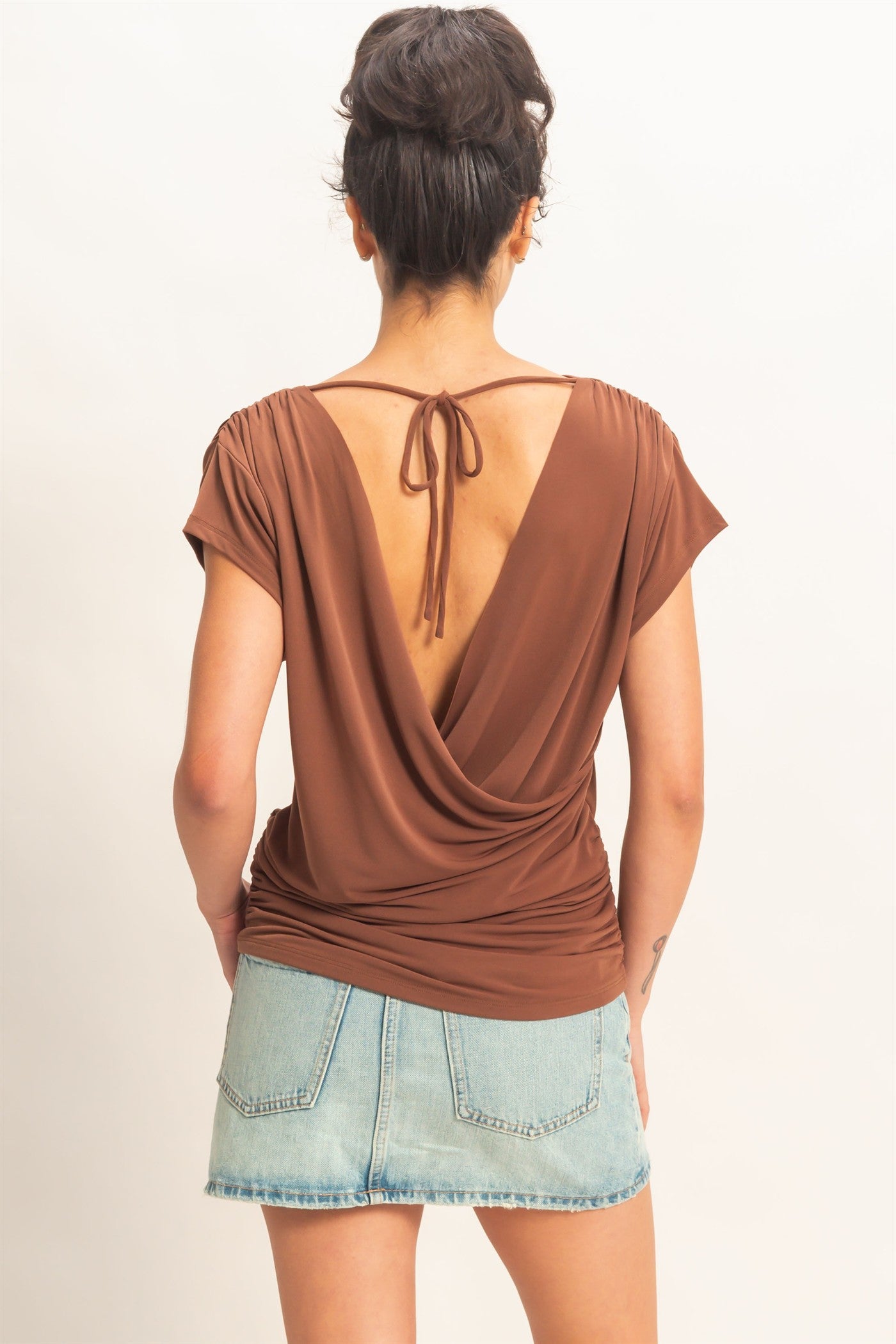 Wholesale Cowl Back Draped Cap Sleeve Top Clothing Tops DZ26C025 CHOCOLATE DOUBLE ZERO