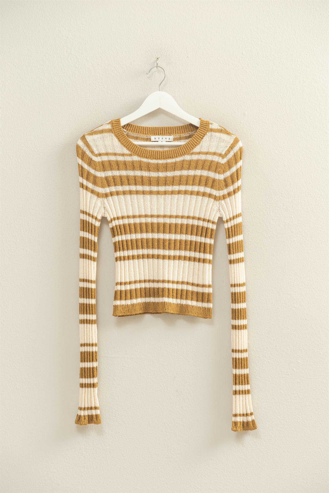 Wholesale Horizontal Striped Crew Neck Sweater Clothing Tops HF25E811 OLIVE HYFVE