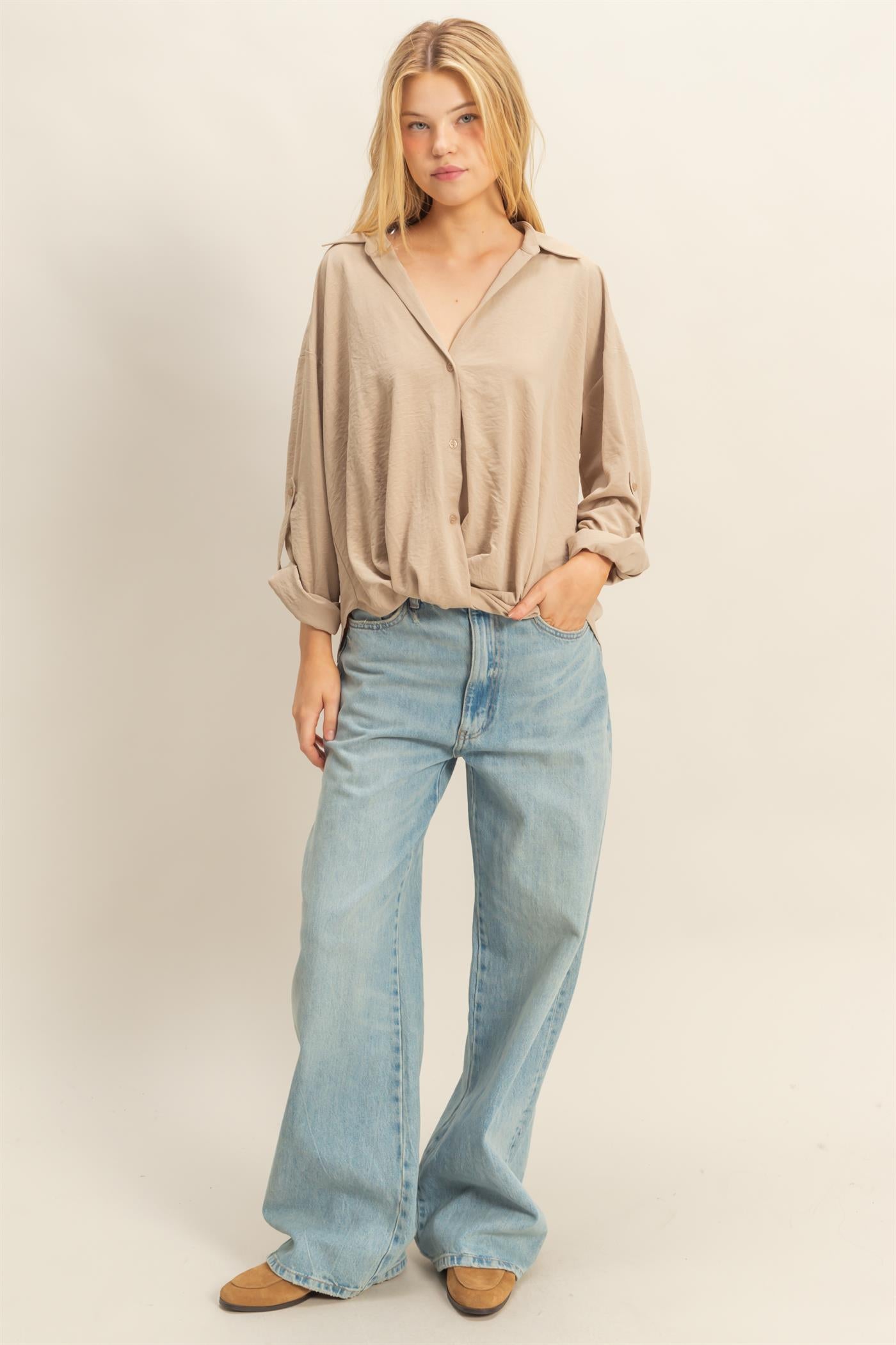 Wholesale Button-Down Blouse With Flowing Fit Clothing Tops HF25C543 BEIGE HYFVE
