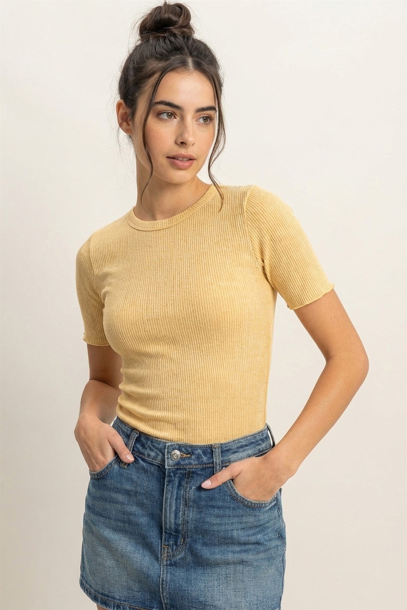 Wholesale Ribbed Short Sleeve Top Clothing Tops DZ24C197 SAND DOUBLE ZERO