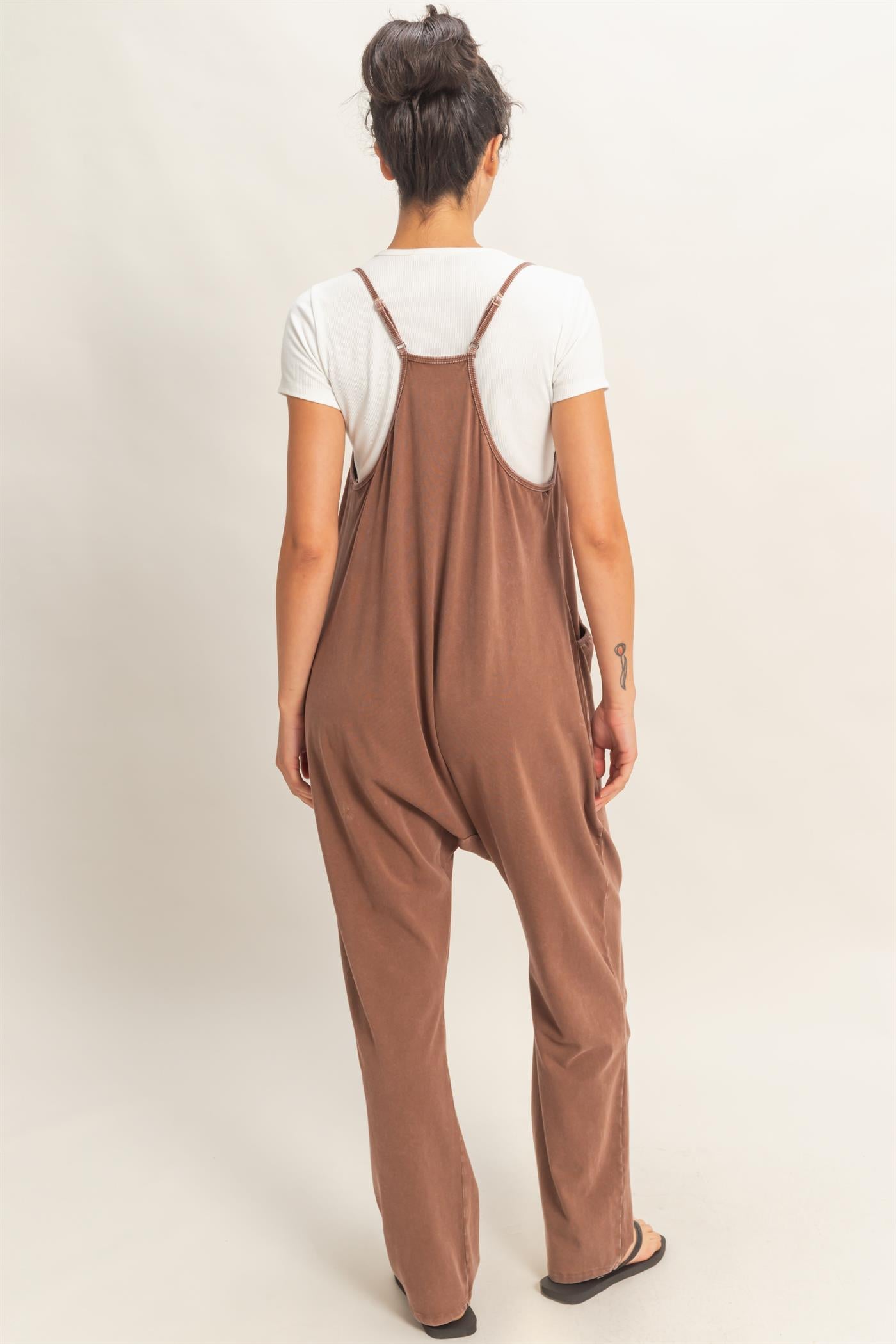 Wholesale Mineral Wash Spaghetti Strap Jumpsuit Clothing DZ26C375 CHOCOLATE DOUBLE ZERO